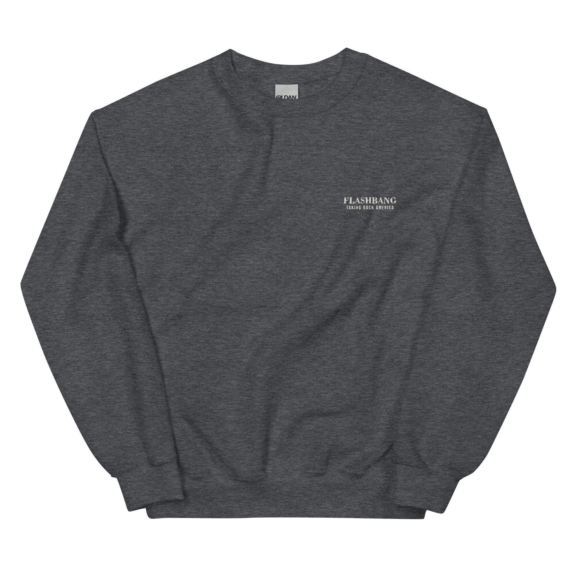 Dark gray sweatshirt with a small white logo on a white background