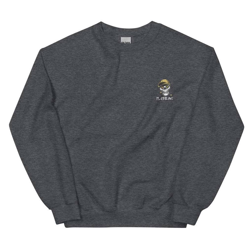 Dark gray sweatshirt with a small logo on the chest against a white background