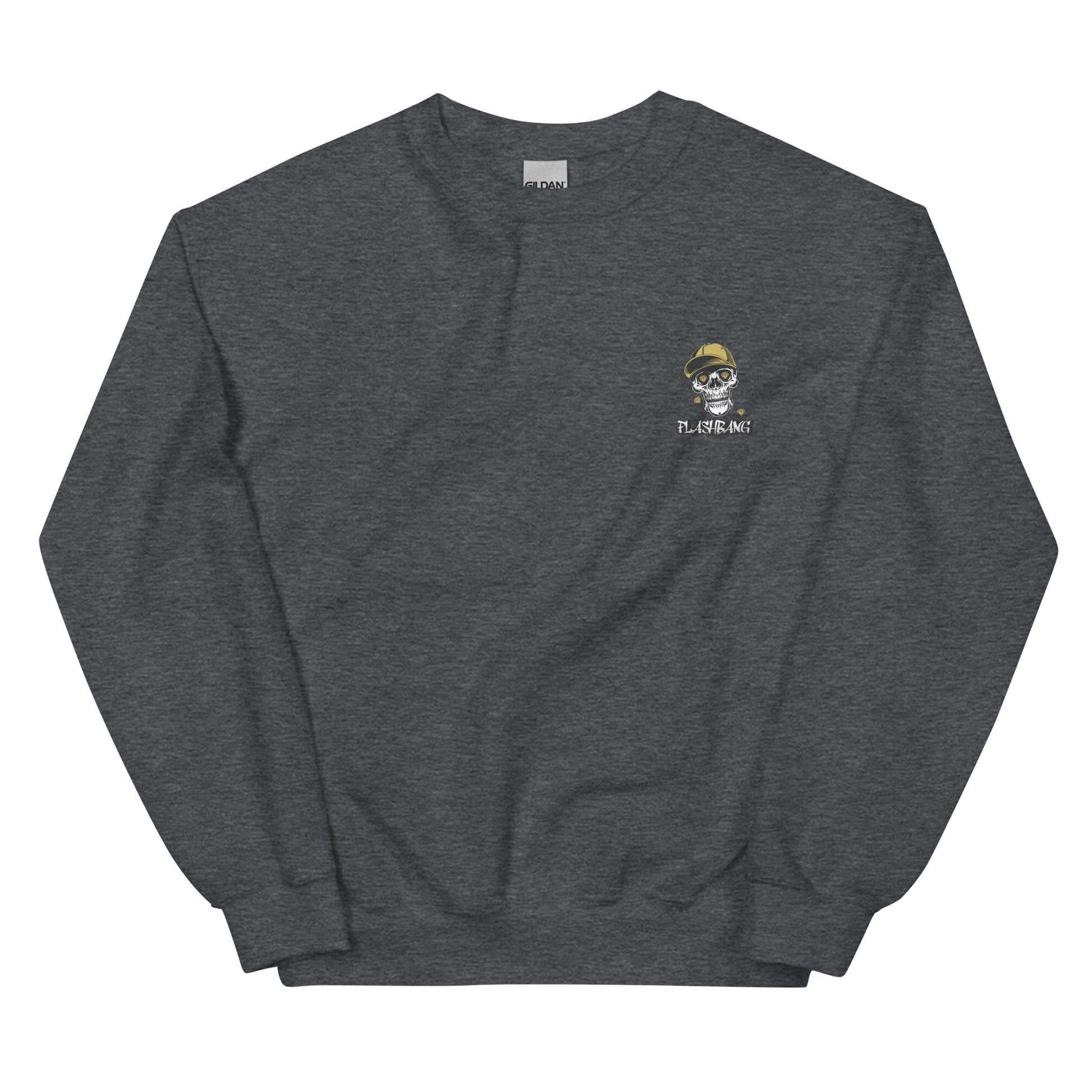 Dark gray sweatshirt with a small logo on the chest against a white background