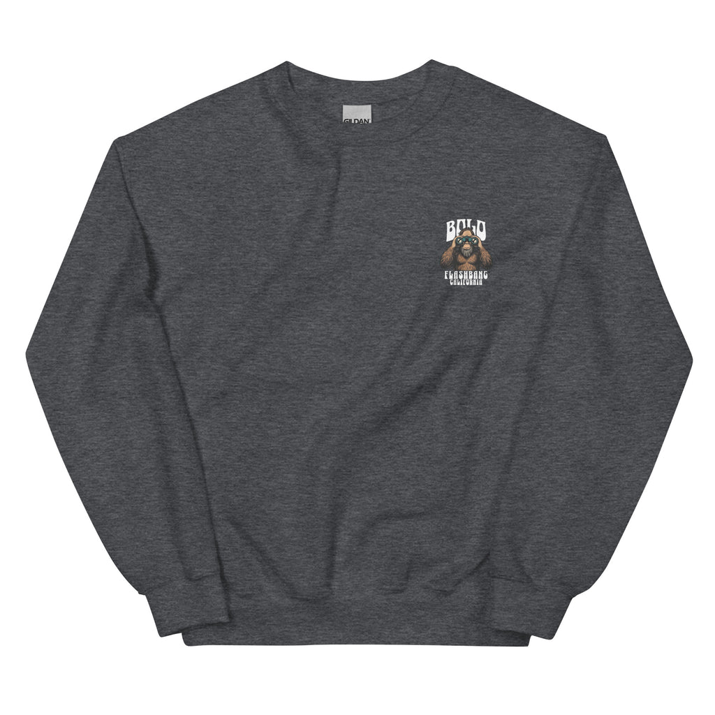 Dark gray sweatshirt with a logo on the chest against a white background