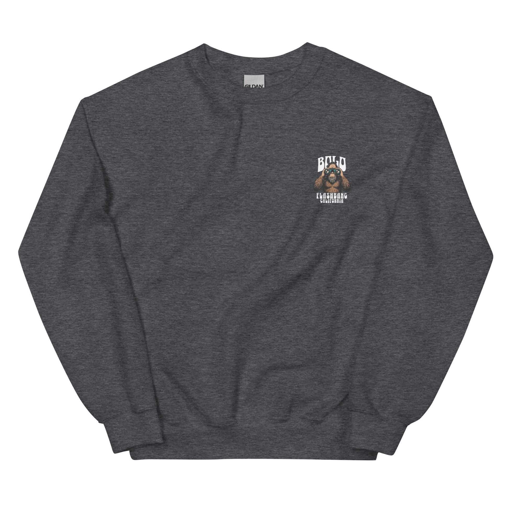 Dark gray sweatshirt with a logo on the chest against a white background