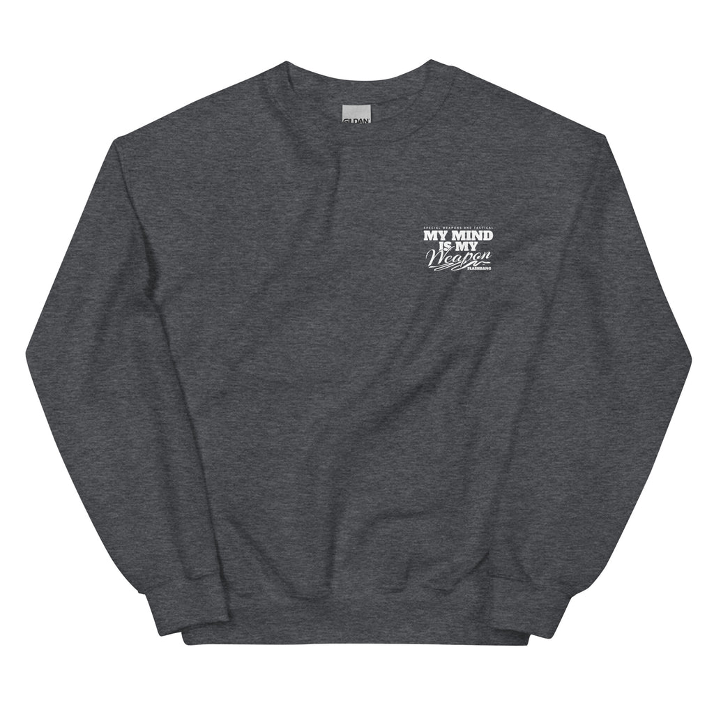 Dark gray sweatshirt with white text on a white background