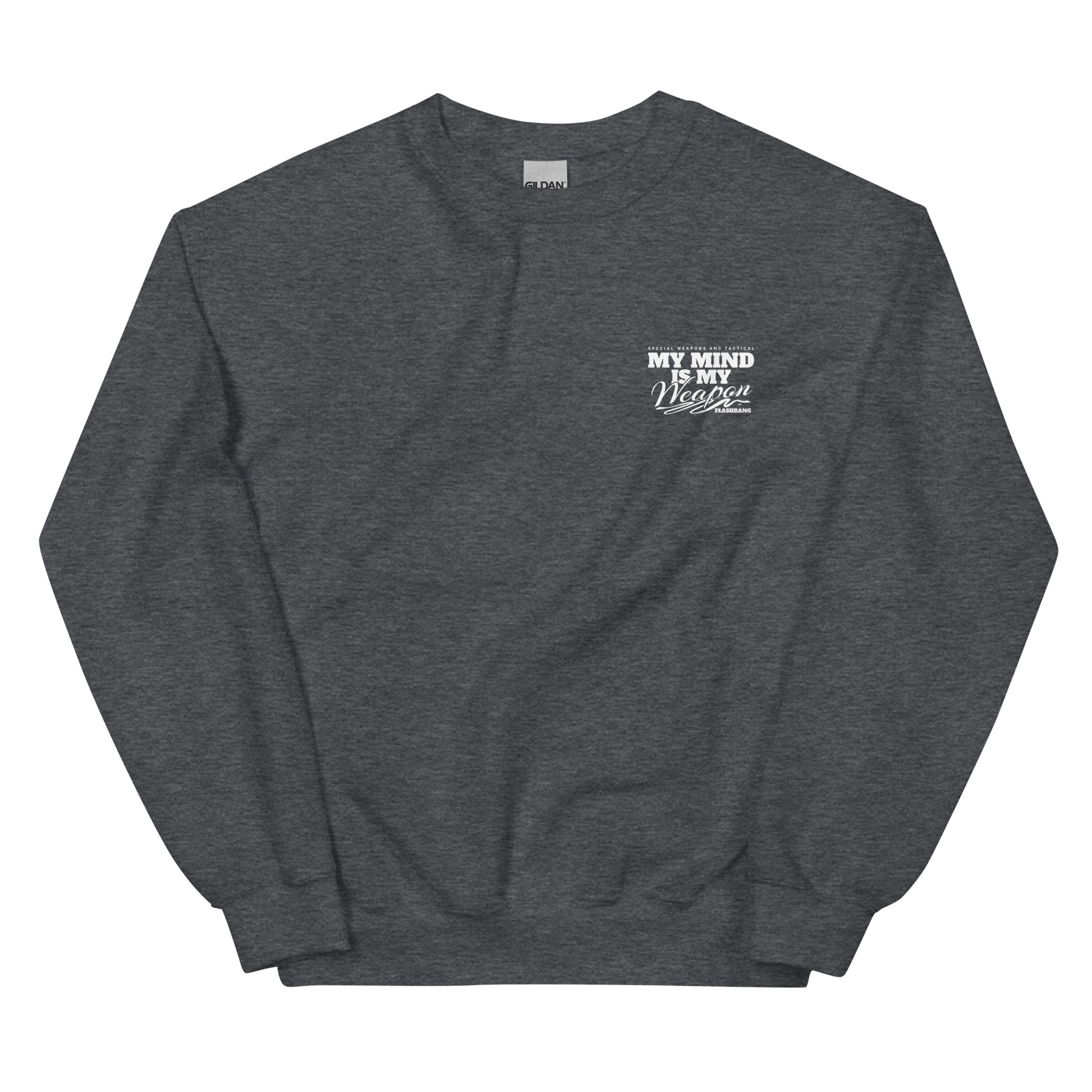 Dark gray sweatshirt with white text on a white background