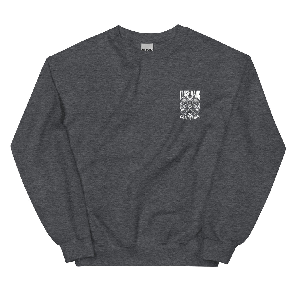 Dark gray sweatshirt with a logo on the chest against a white background