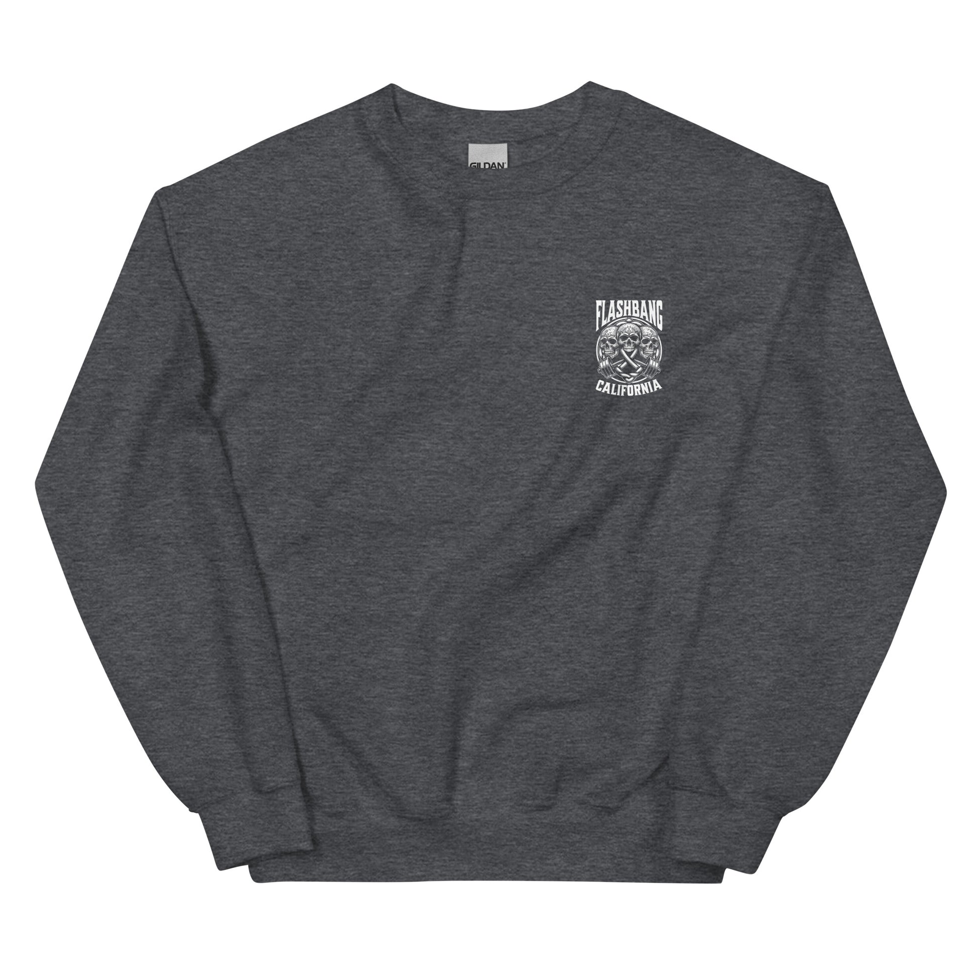 Dark gray sweatshirt with a logo on the chest against a white background