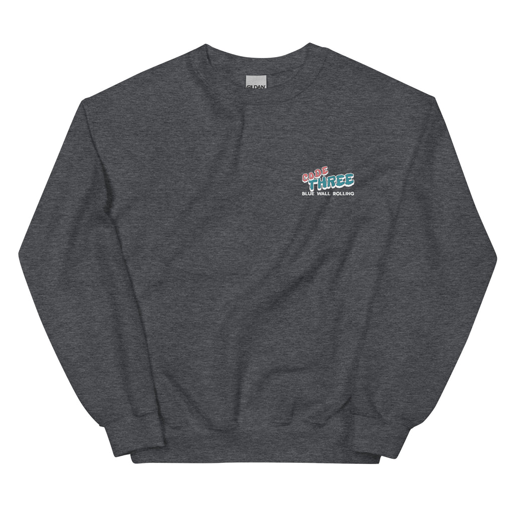 Dark gray sweatshirt with a logo on the chest against a white background
