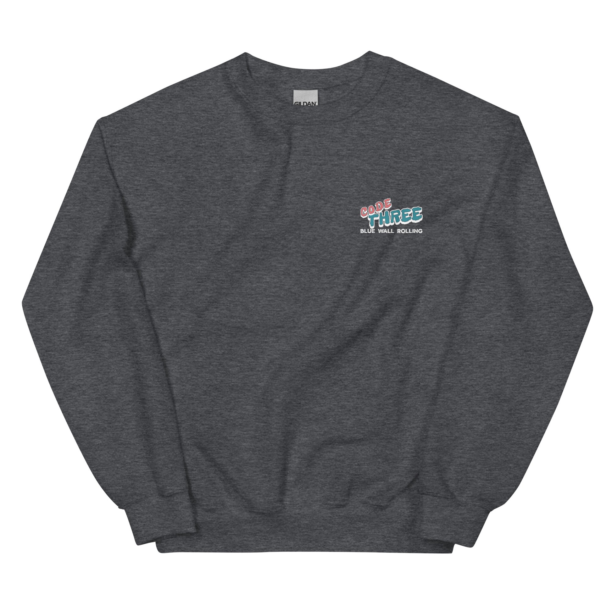 Dark gray sweatshirt with a logo on the chest against a white background