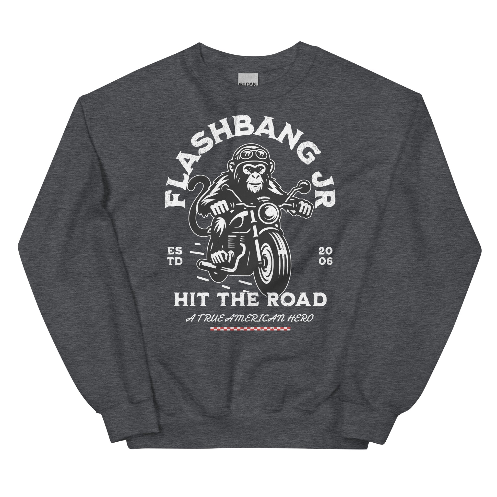 Dark gray sweatshirt with a graphic design of a monkey on a motorcycle and text 'Flashbang Jr. Hit the Road'.