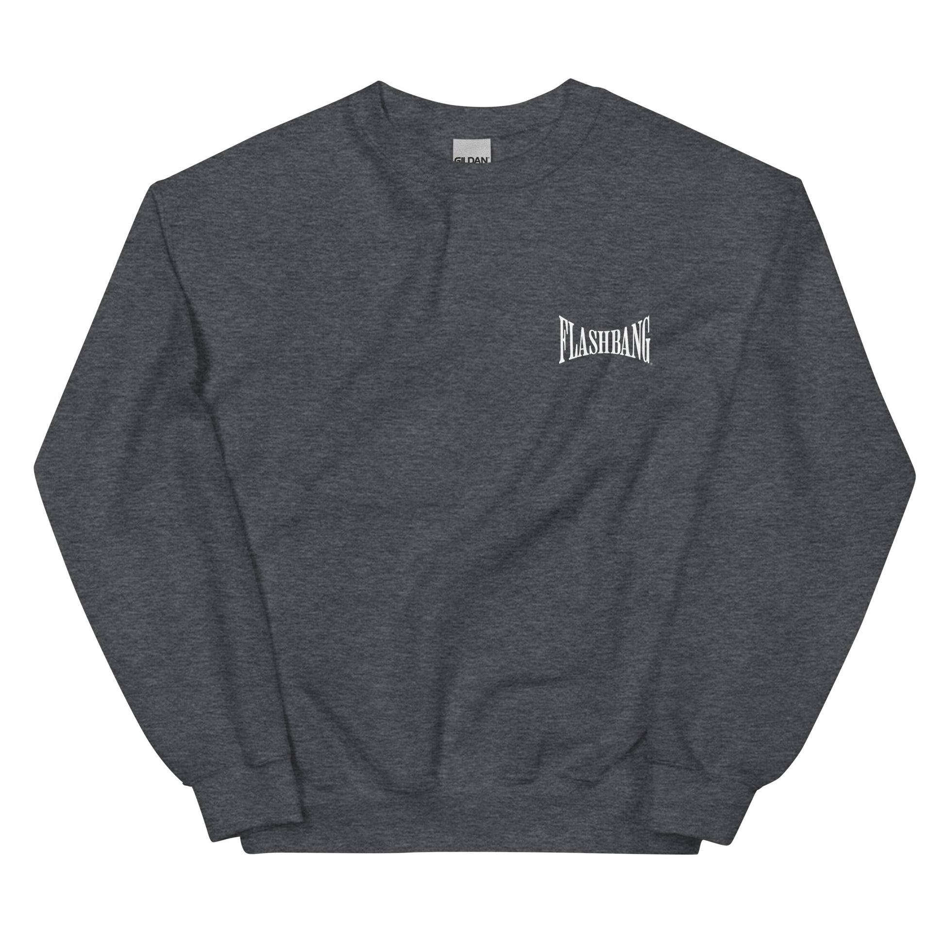 Dark gray sweatshirt with 'Flashbang' logo on a white background