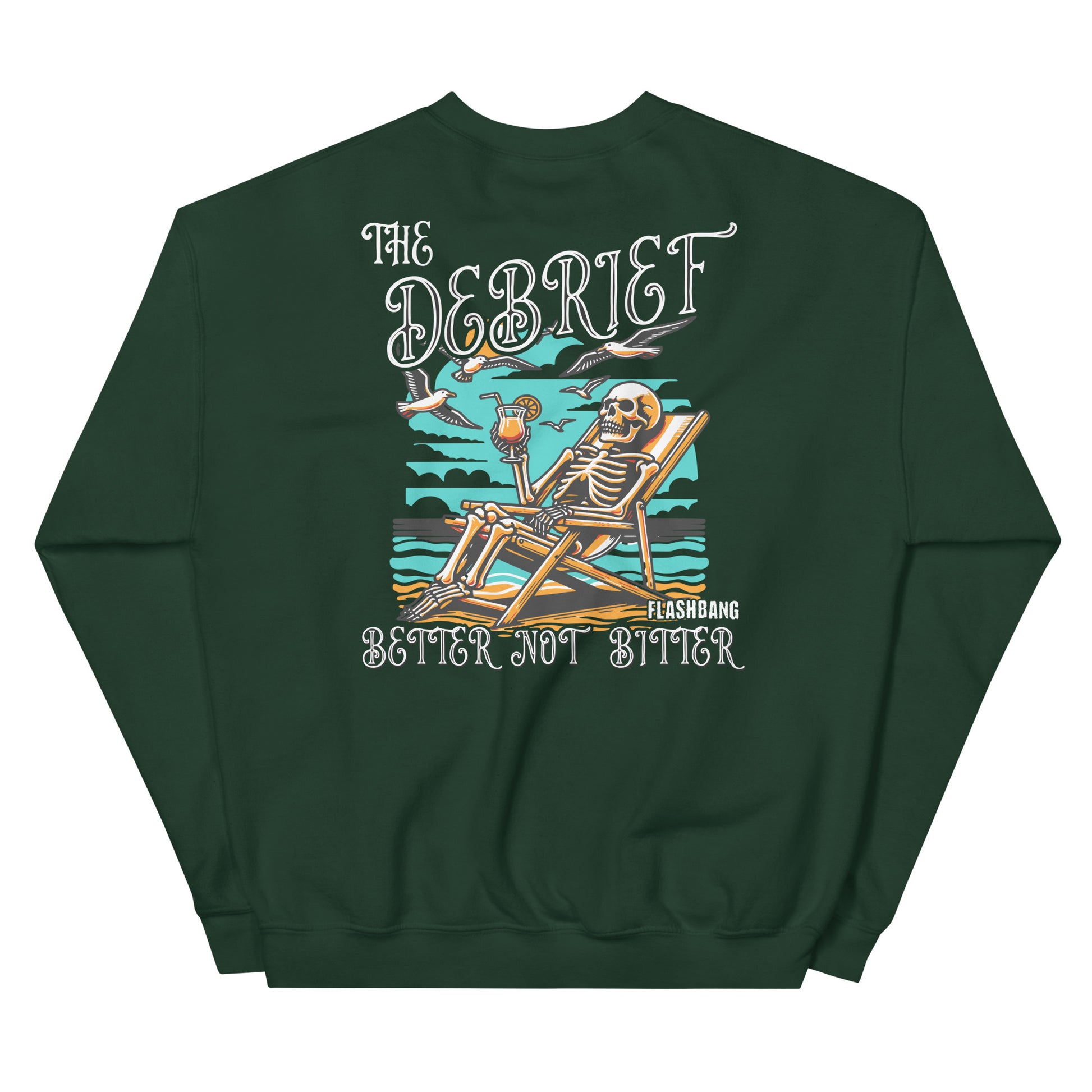 Green sweatshirt with a skeleton design and text on a white background