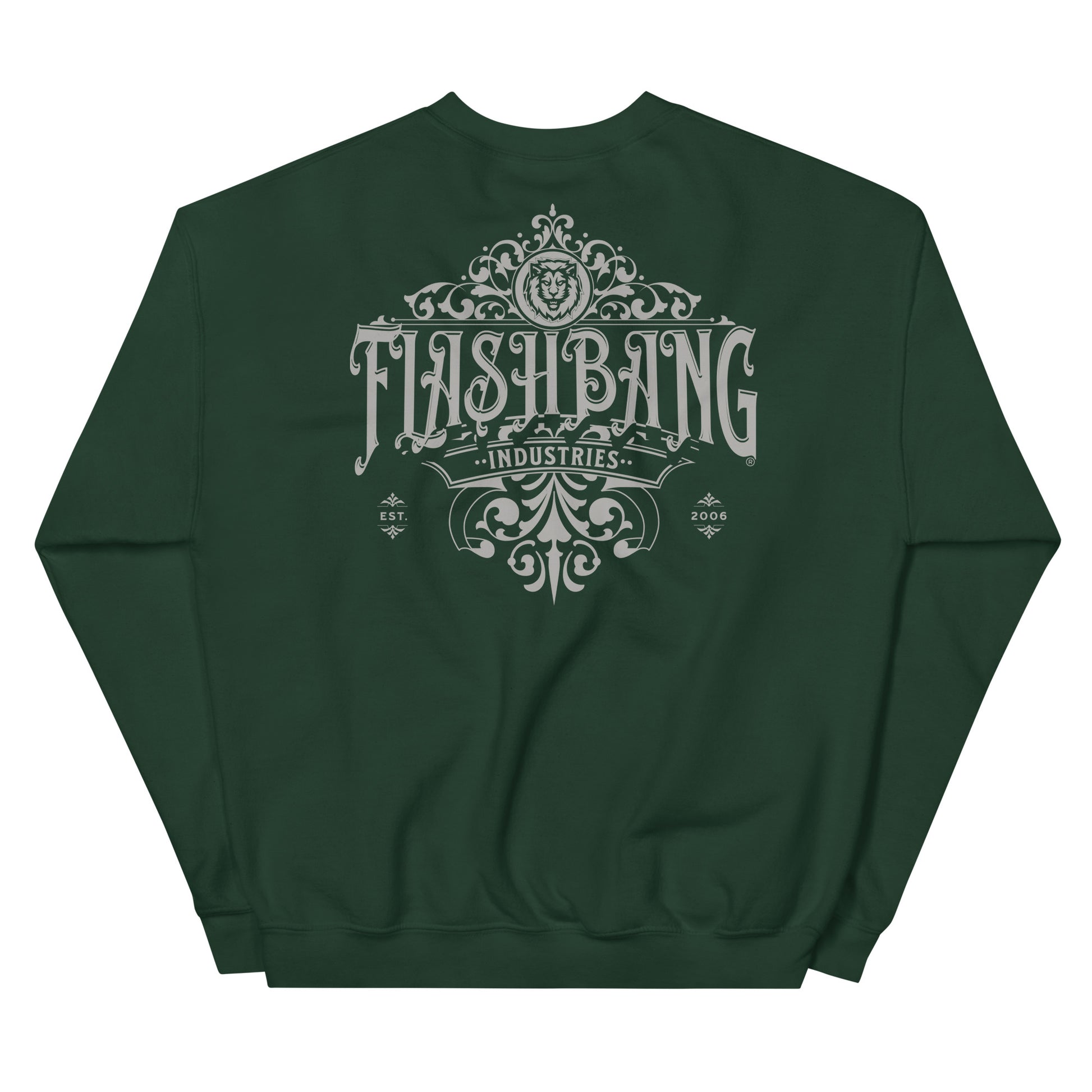 Green sweatshirt with 'Flashbang Industries' design on a white background