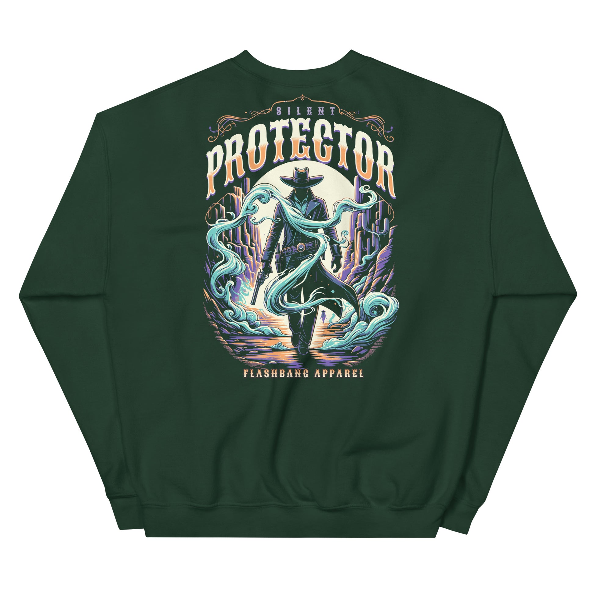 Green sweatshirt with a graphic design on the back featuring a cowboy and text 'Silent Protector' by Flashbang Apparel.