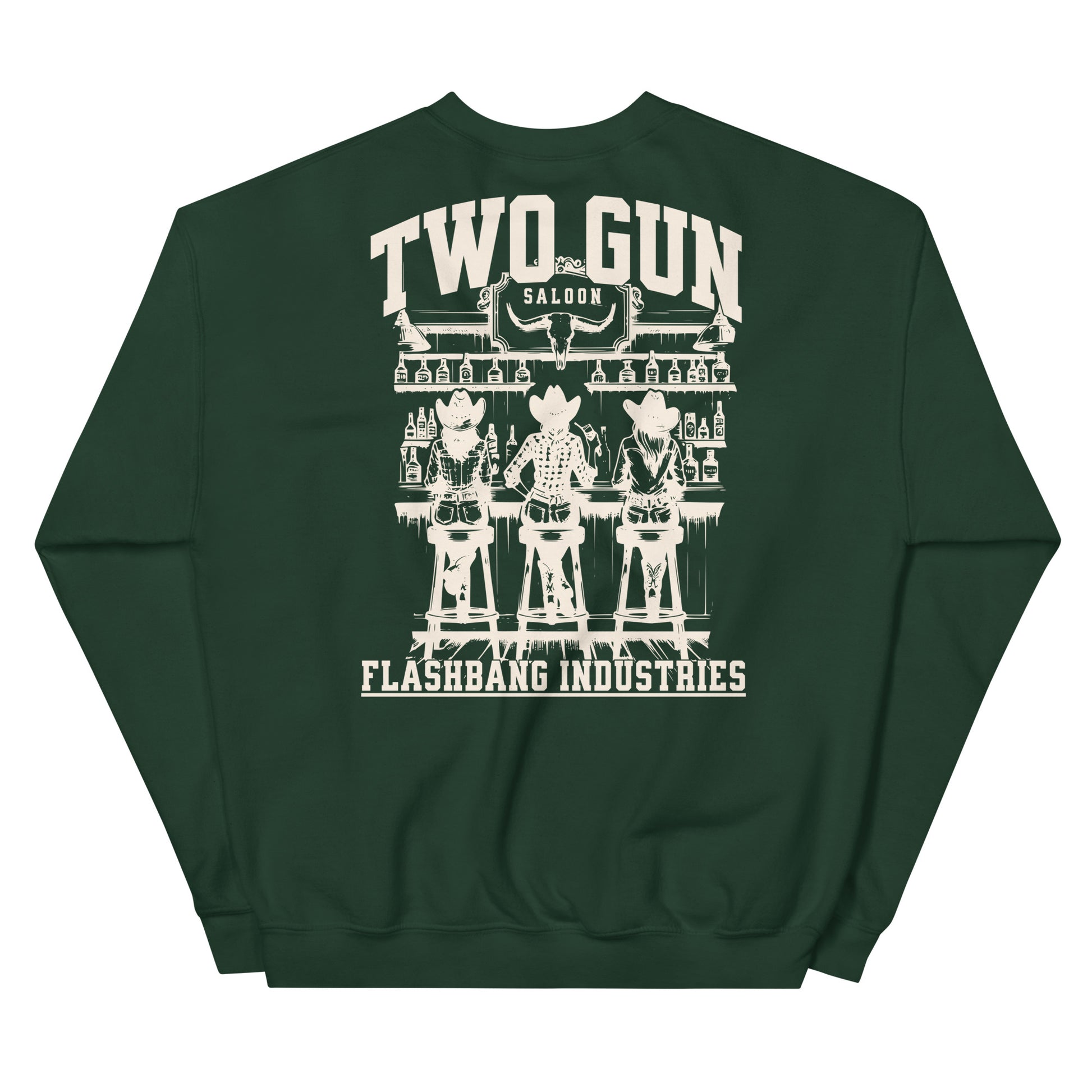 Green sweatshirt with 'Two Gun Saloon' graphic and 'Flashbang Industries' text on a white background