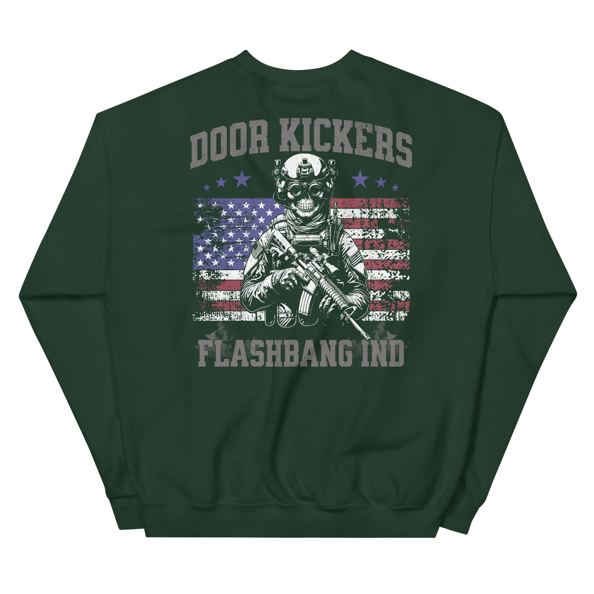 Green sweatshirt with 'Door Kickers' and 'Flashbang Ind' design on a white background