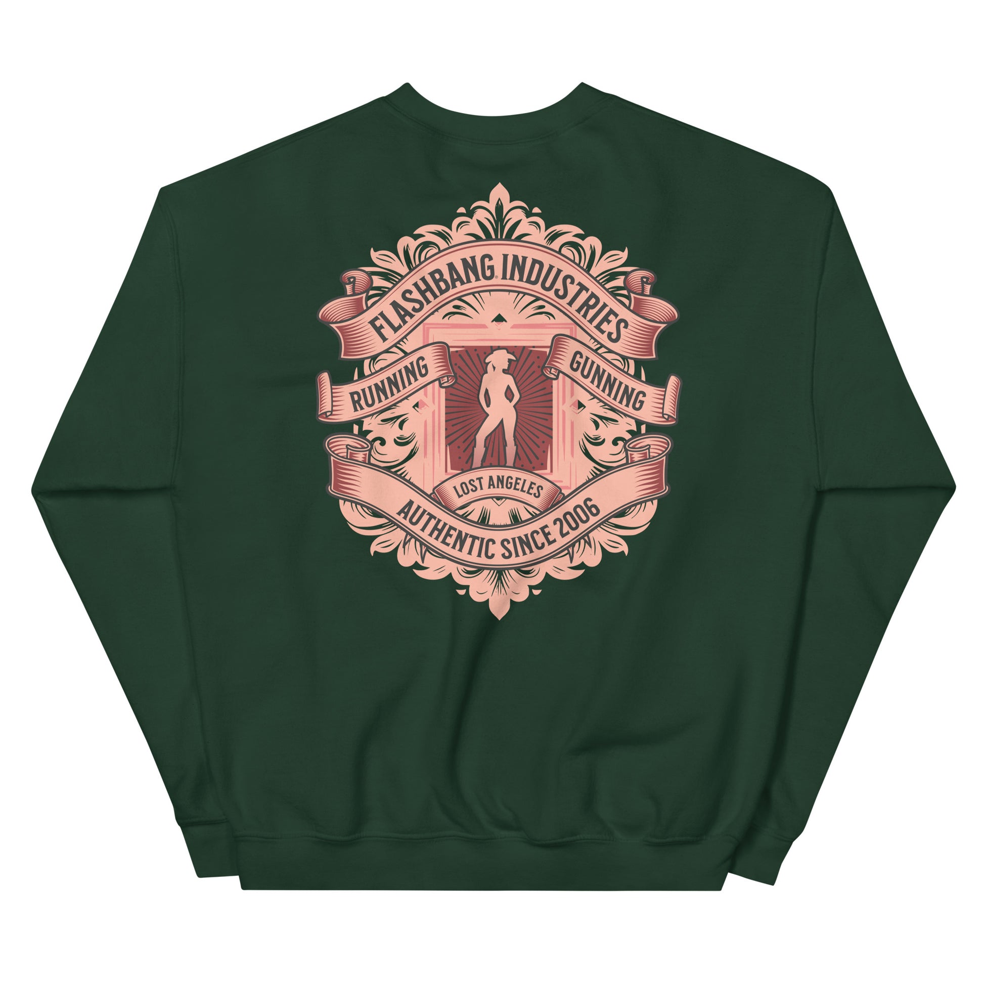 Green sweatshirt with a pink graphic design on the back on a white background