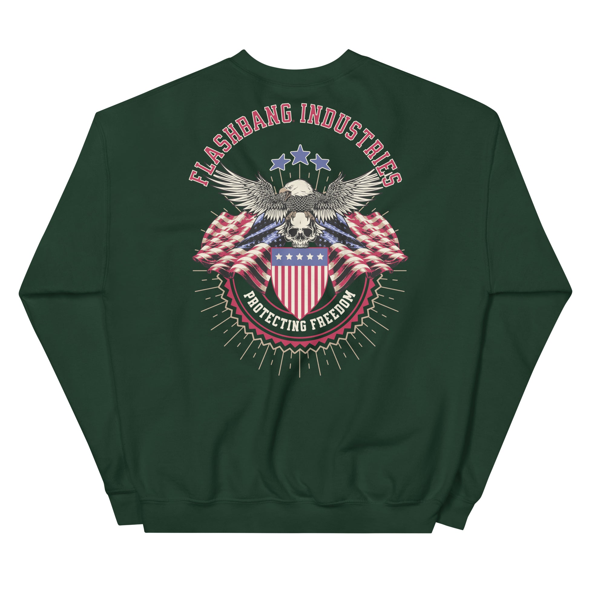 Green sweatshirt with 'Flashbang Industries' graphic on the back