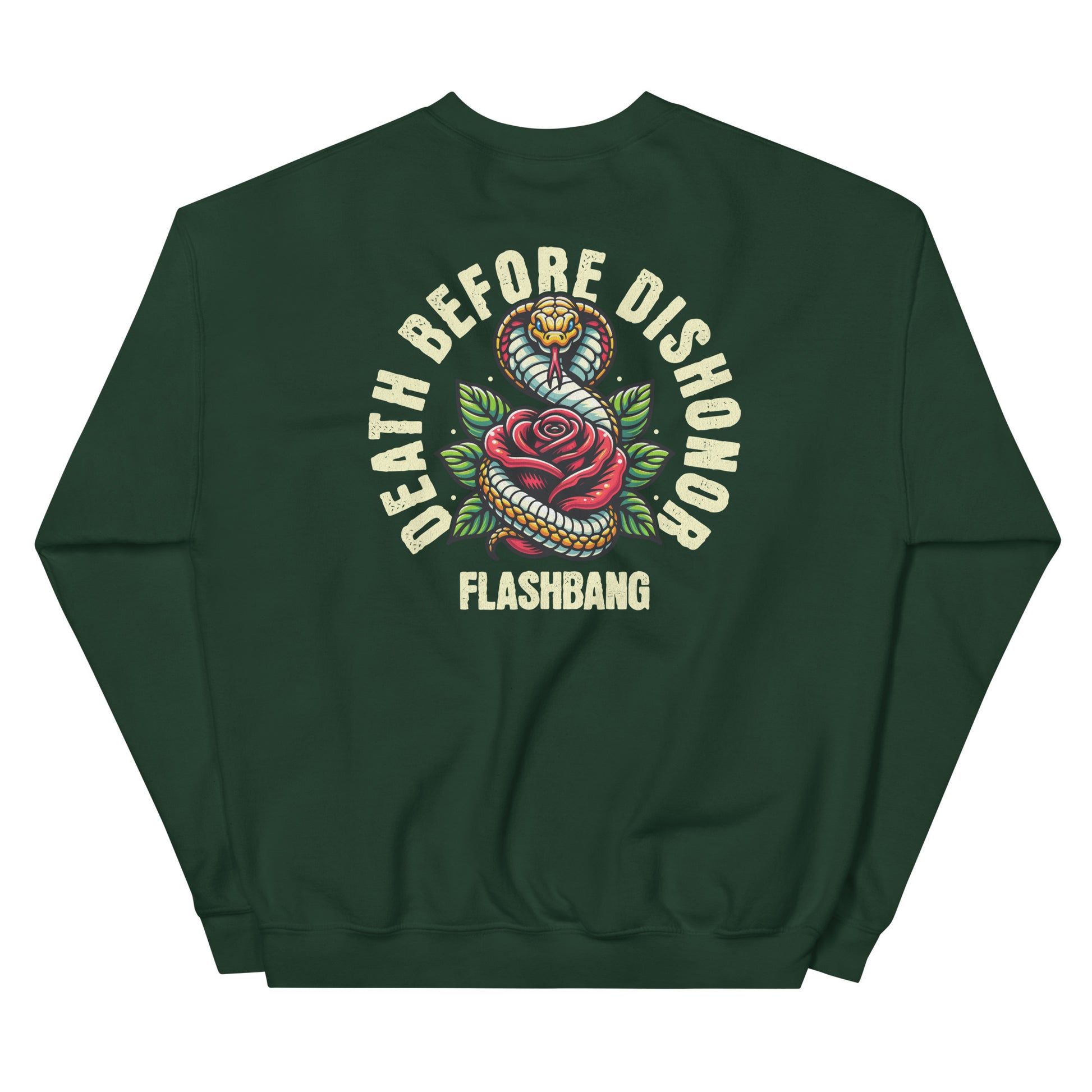 Green sweatshirt with 'Death Before Dishonor Flashbang' design on a white background