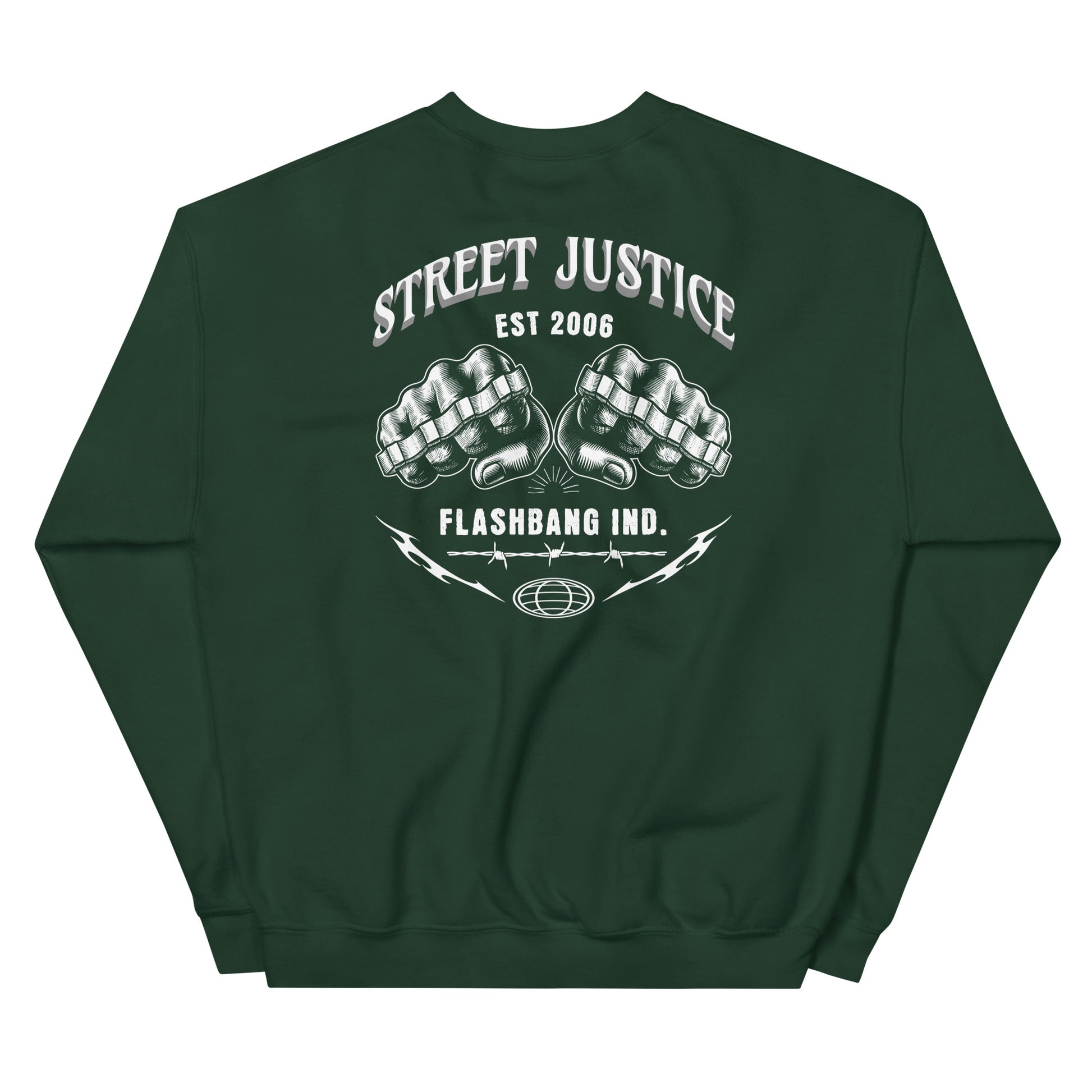 Green sweatshirt with 'Street Justice' and 'Flashbang Ind.' text on a white background