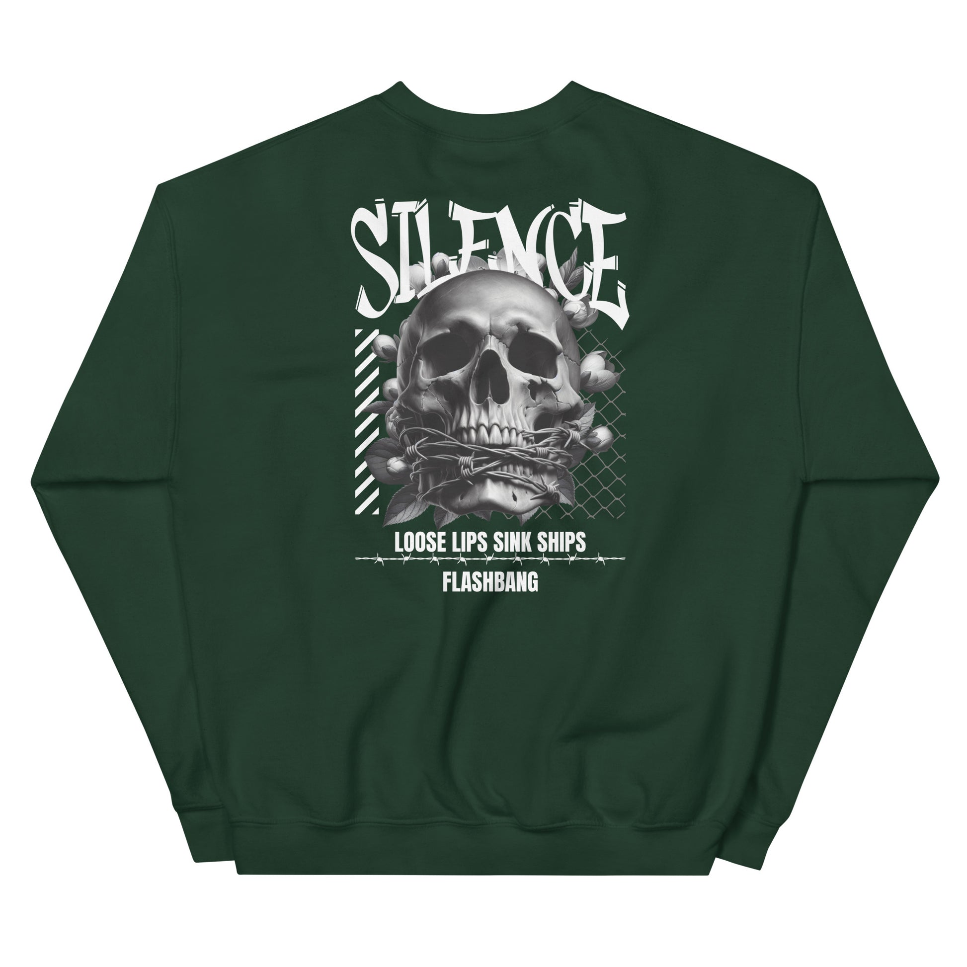 Green sweatshirt with skull graphic and text on a white background
