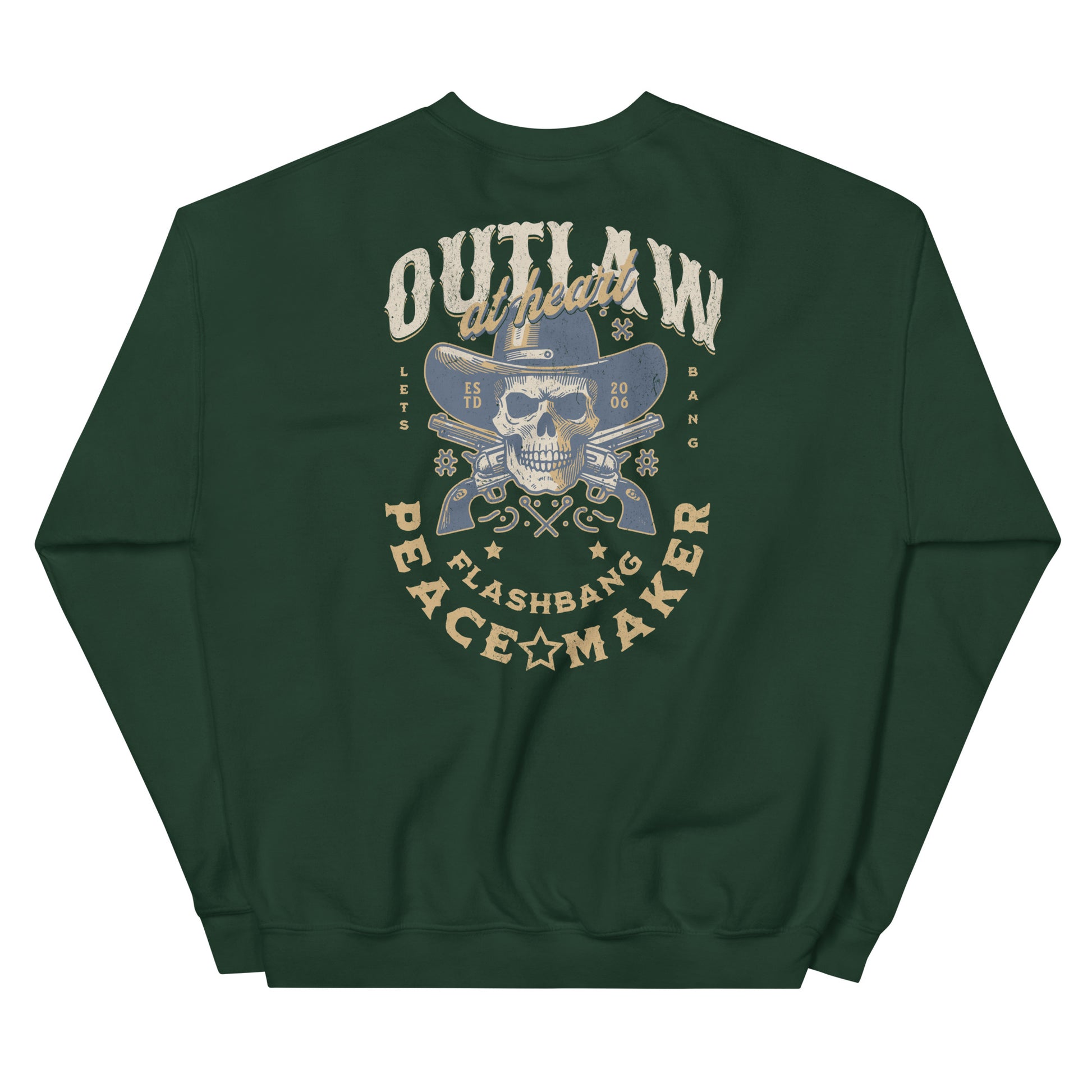 Green sweatshirt with a graphic design on the back featuring text and a skull wearing a cowboy hat.