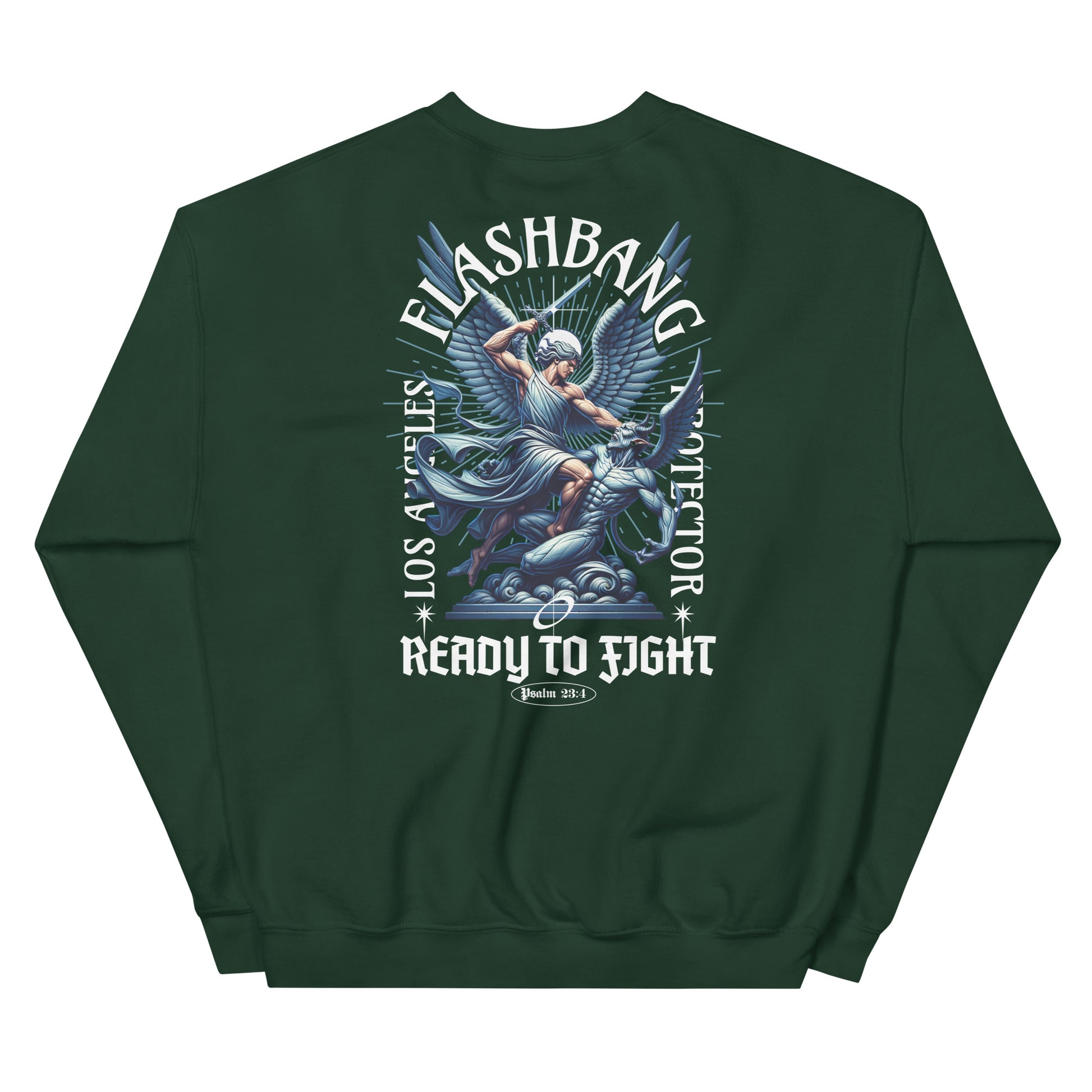 Green sweatshirt with graphic design and text on a white background