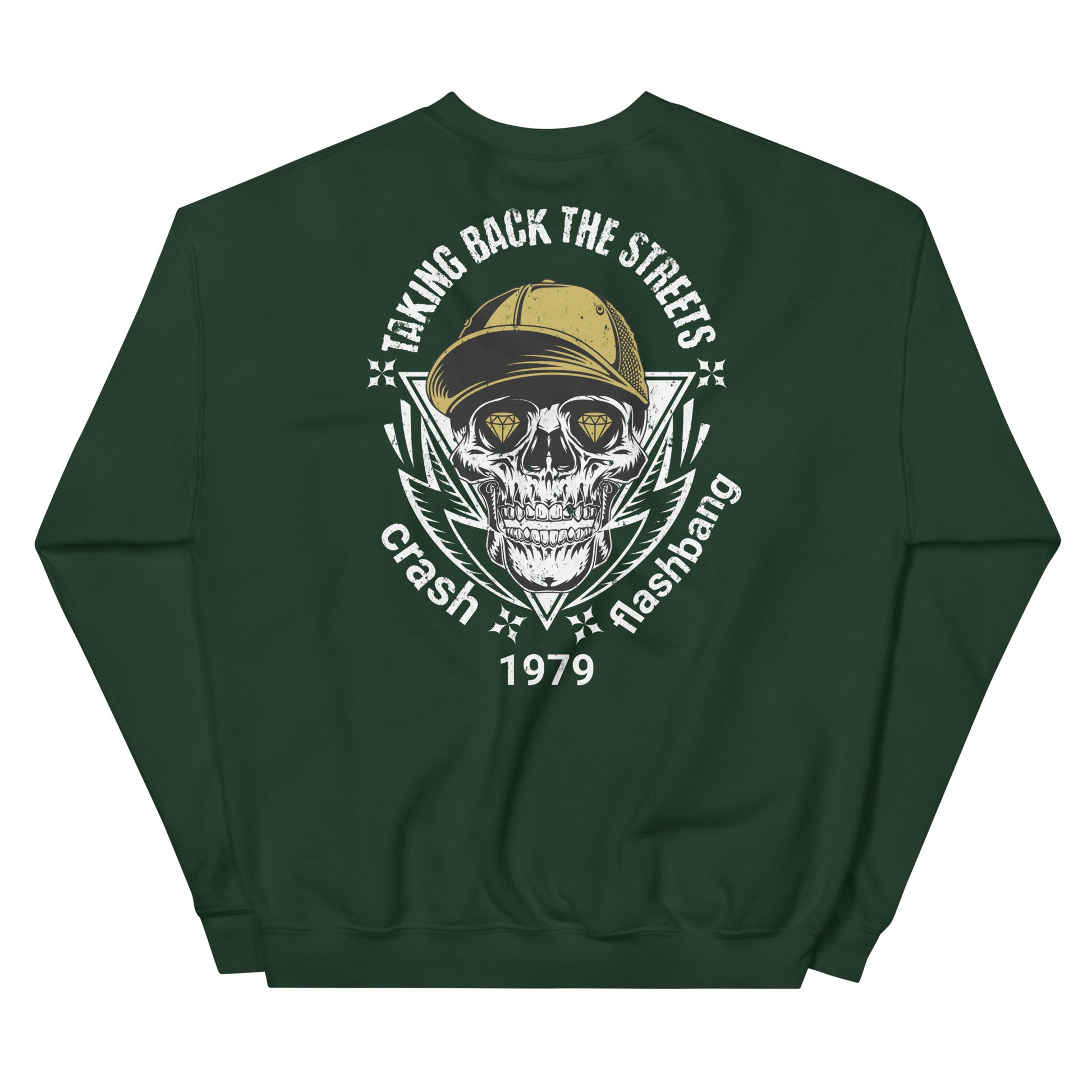 Green sweatshirt with a skull and cap graphic on the back, set against a white background.