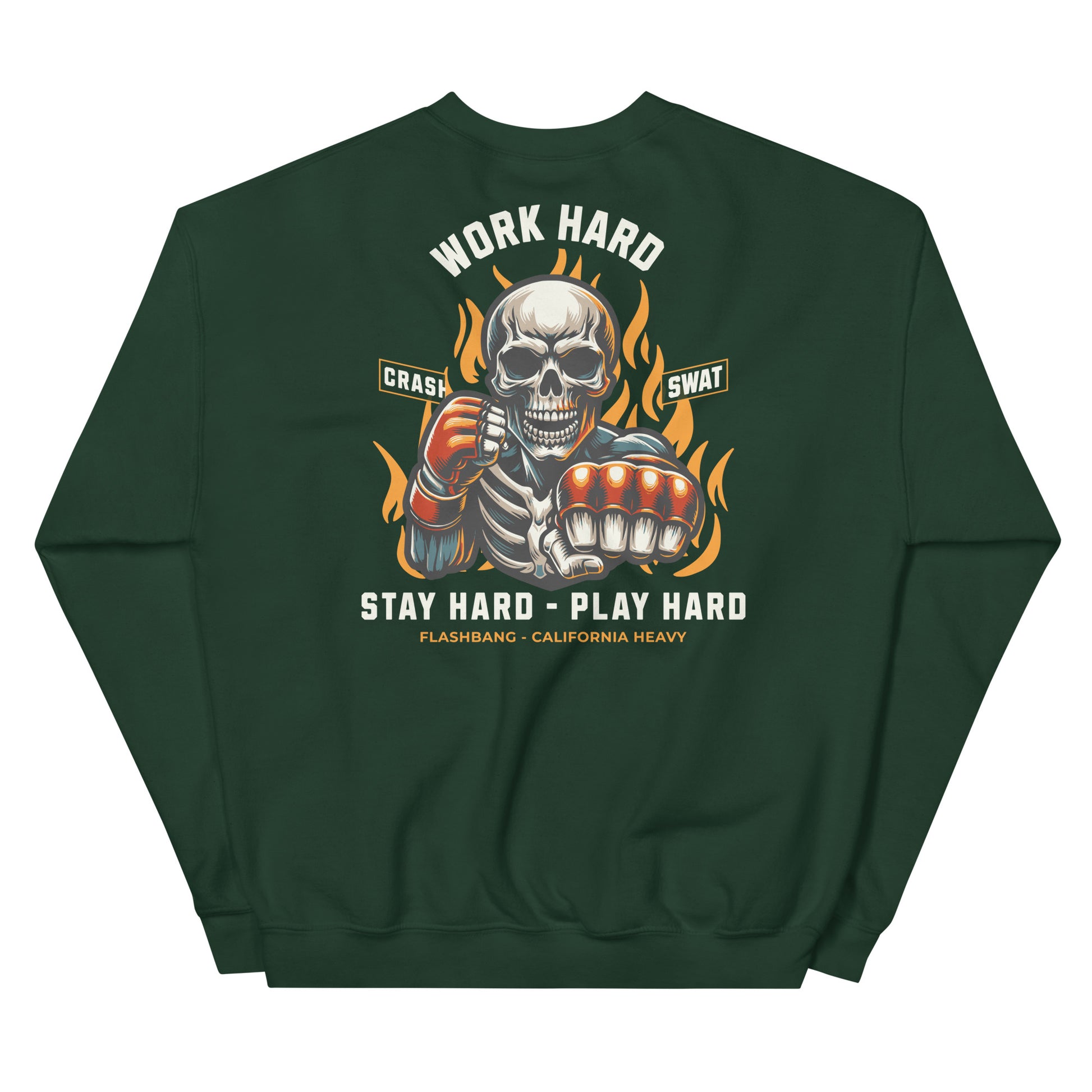 Green sweatshirt with a skeleton design and text on the back