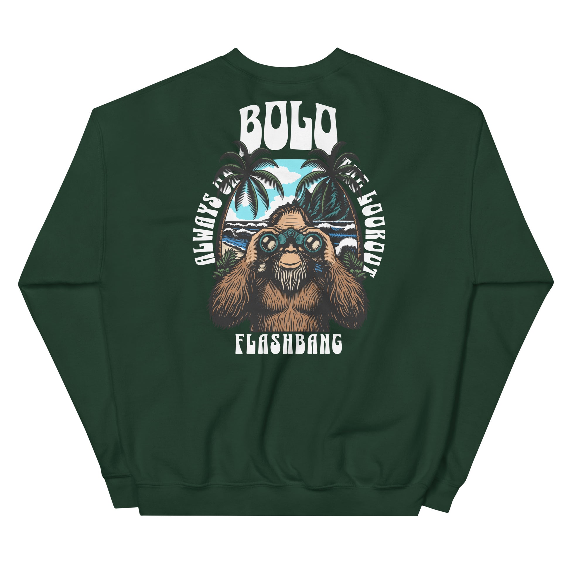 Green sweatshirt with a graphic of a bear and text on the back, on a white background