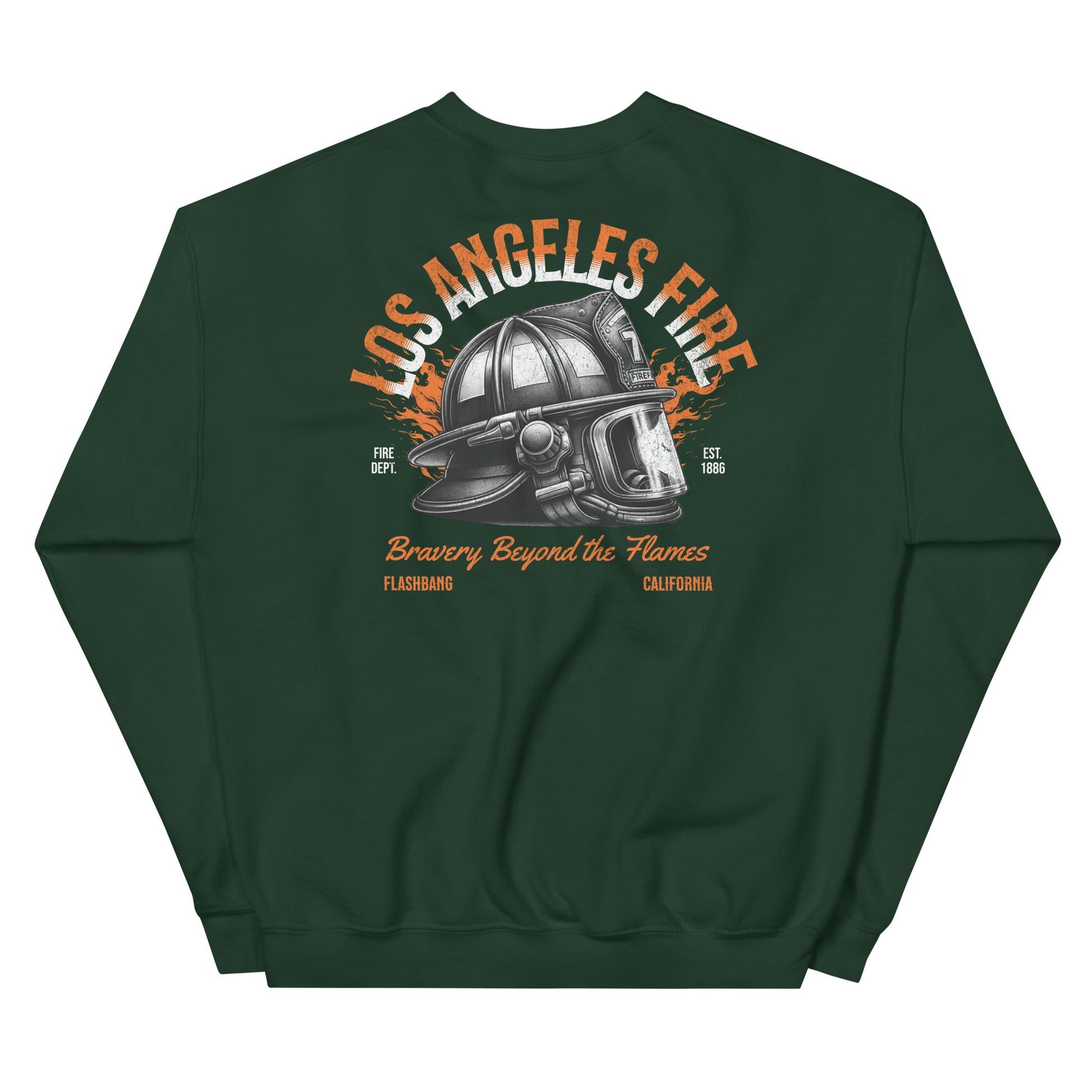 Green sweatshirt with a fire helmet graphic and text on the back, on a white background