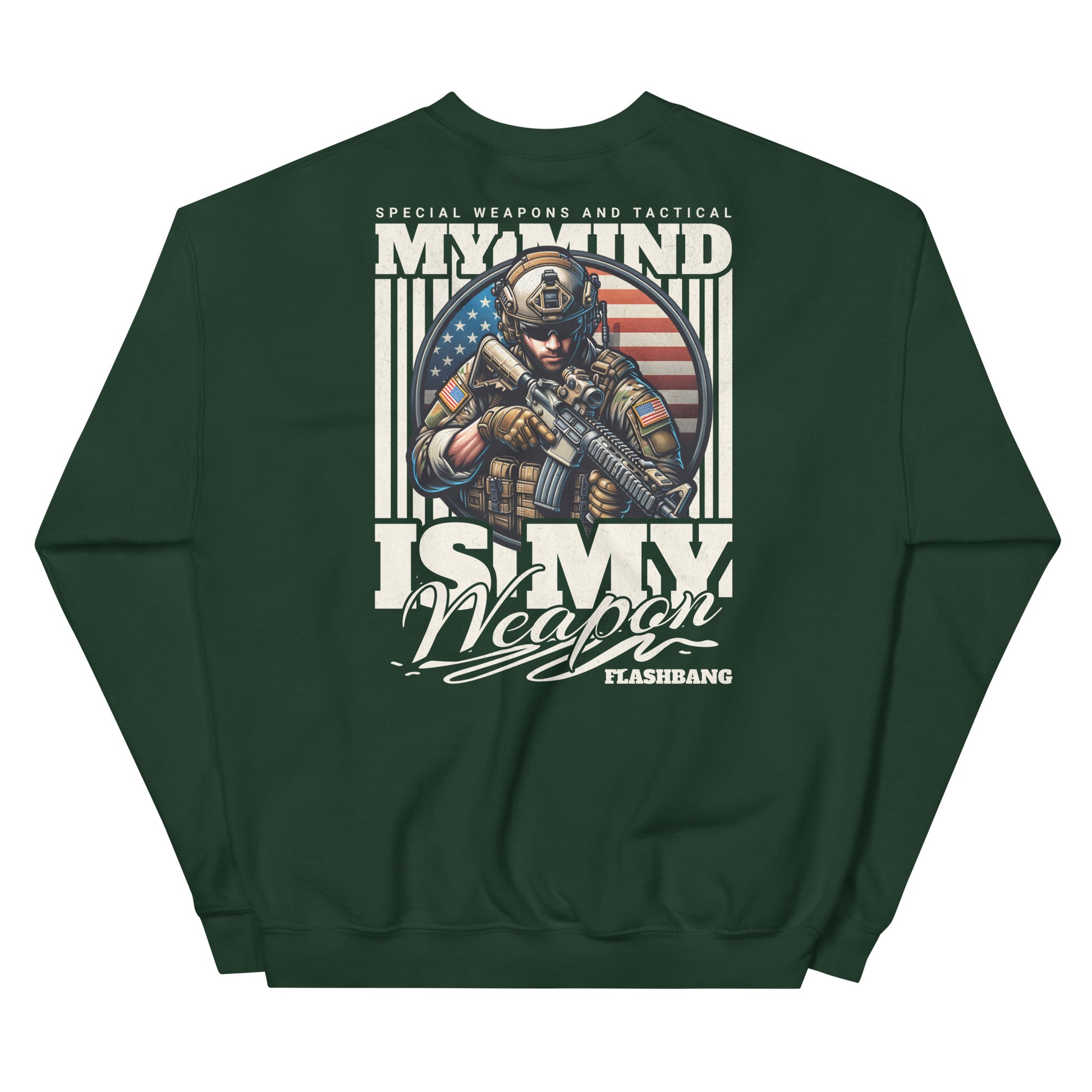 Green sweatshirt with military-themed graphic and text on a white background