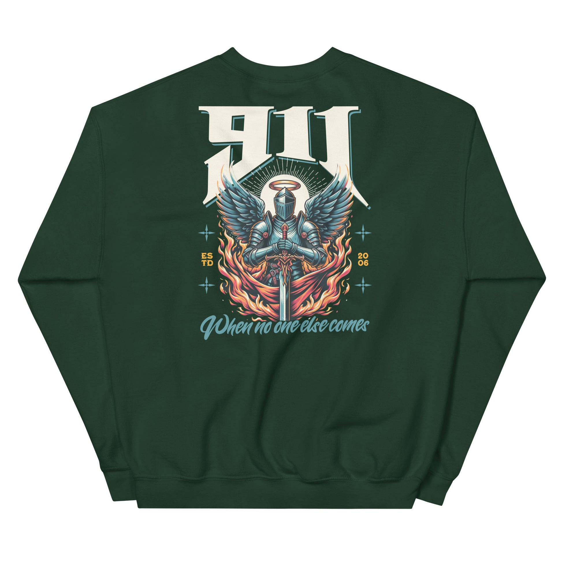 Green sweatshirt with a graphic design on the back featuring a knight and text.