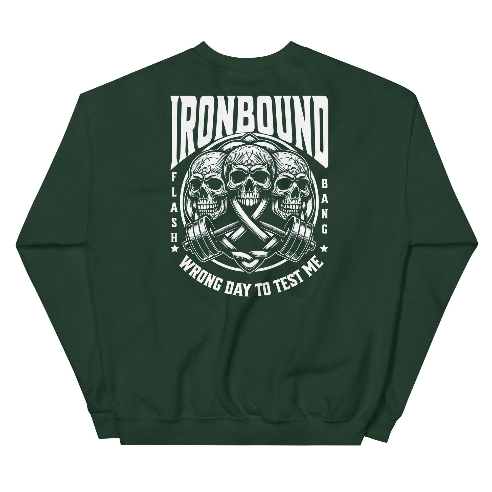 Green sweatshirt with skull and barbell graphic and 'Ironbound' text on a white background
