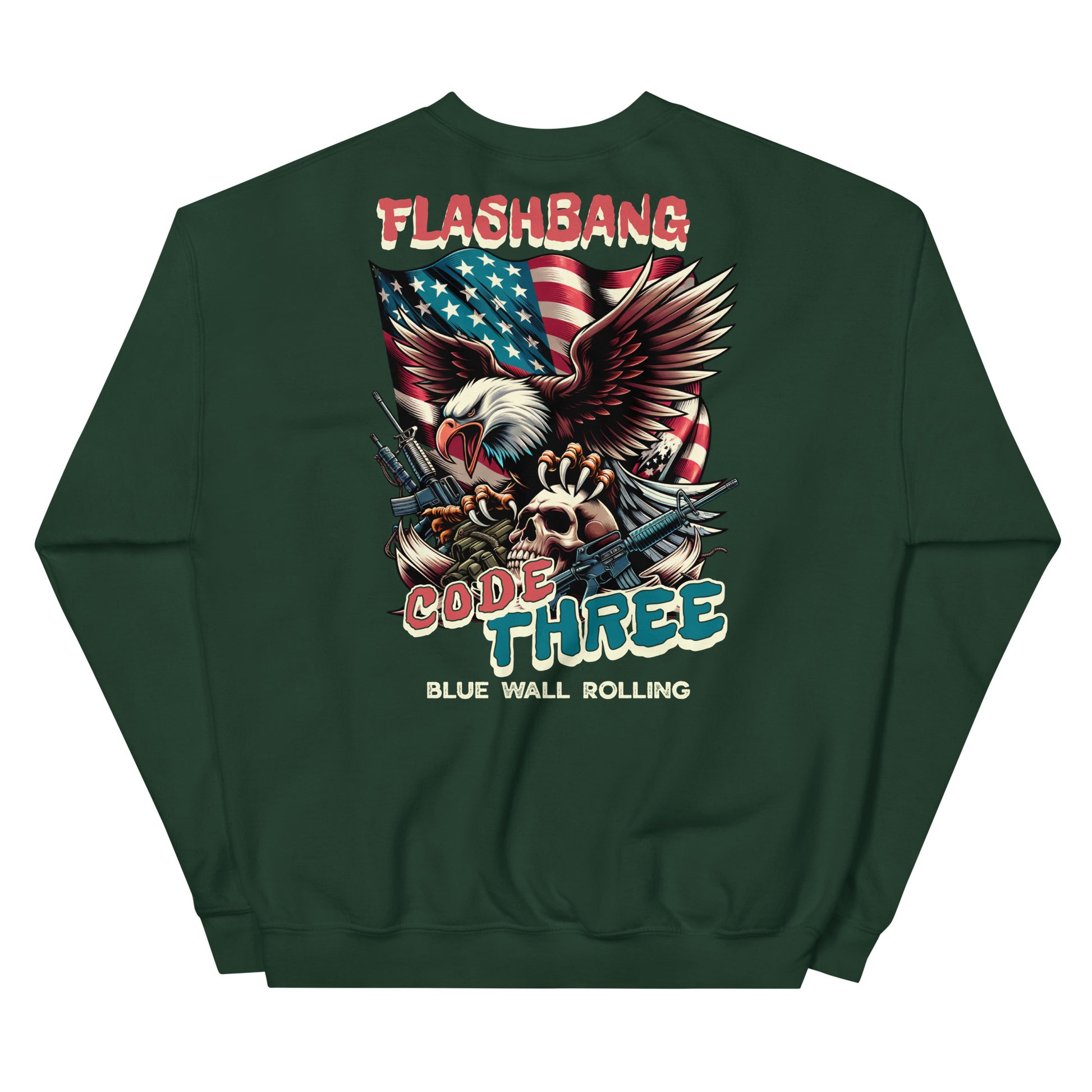 Green sweatshirt with eagle, American flag, and text design on a white background