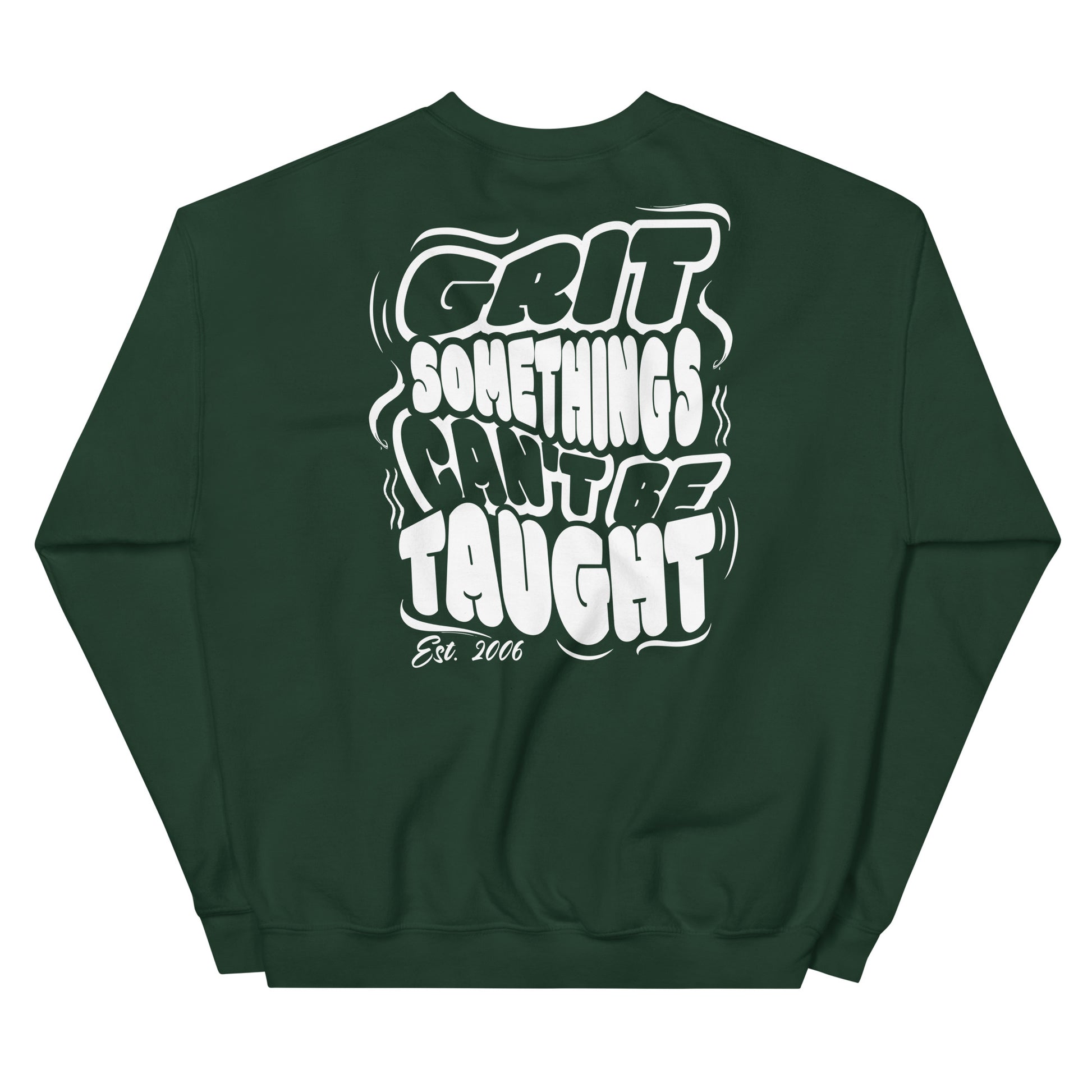 Green sweatshirt with white text on a white background