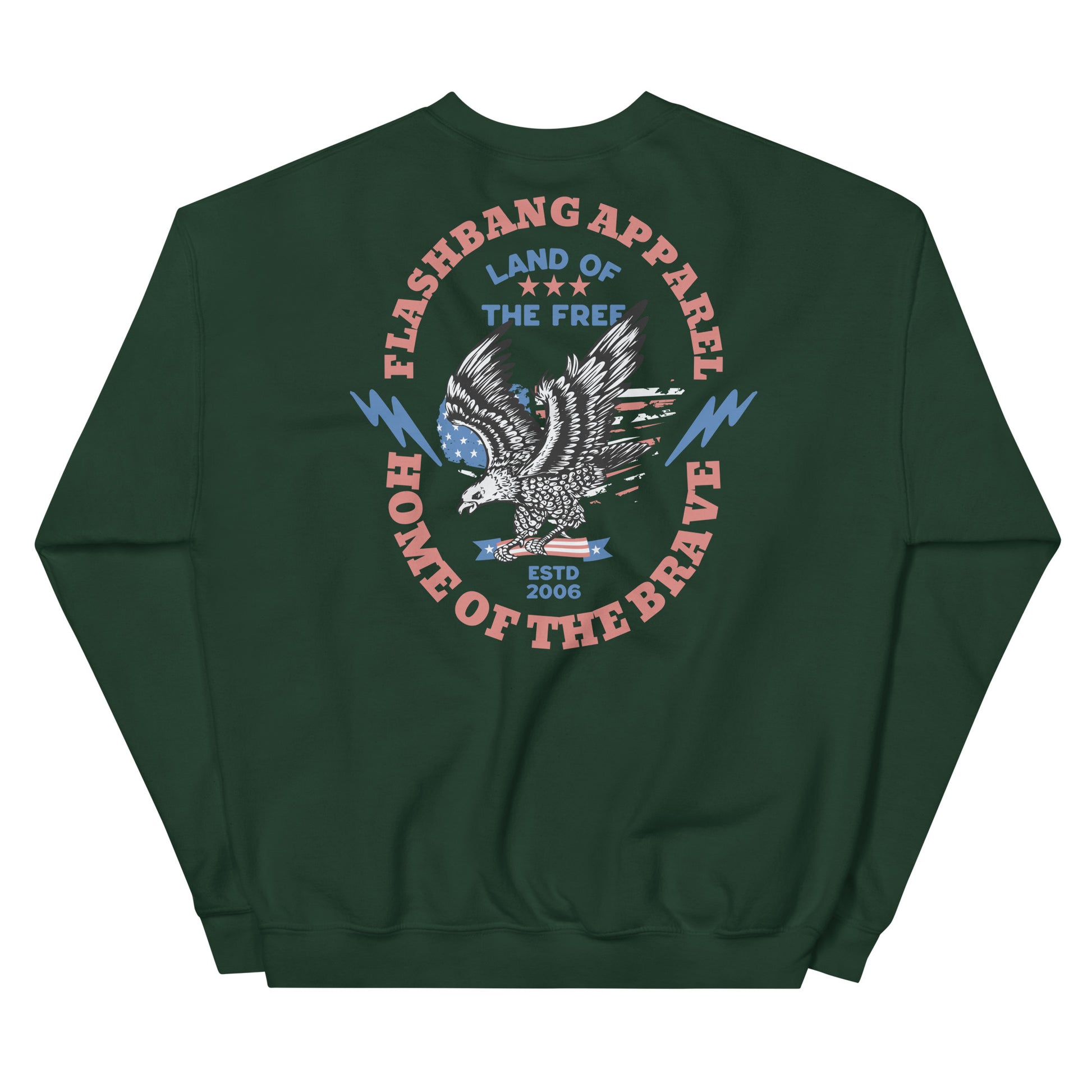 Green sweatshirt with an eagle design and text on the back, on a white background