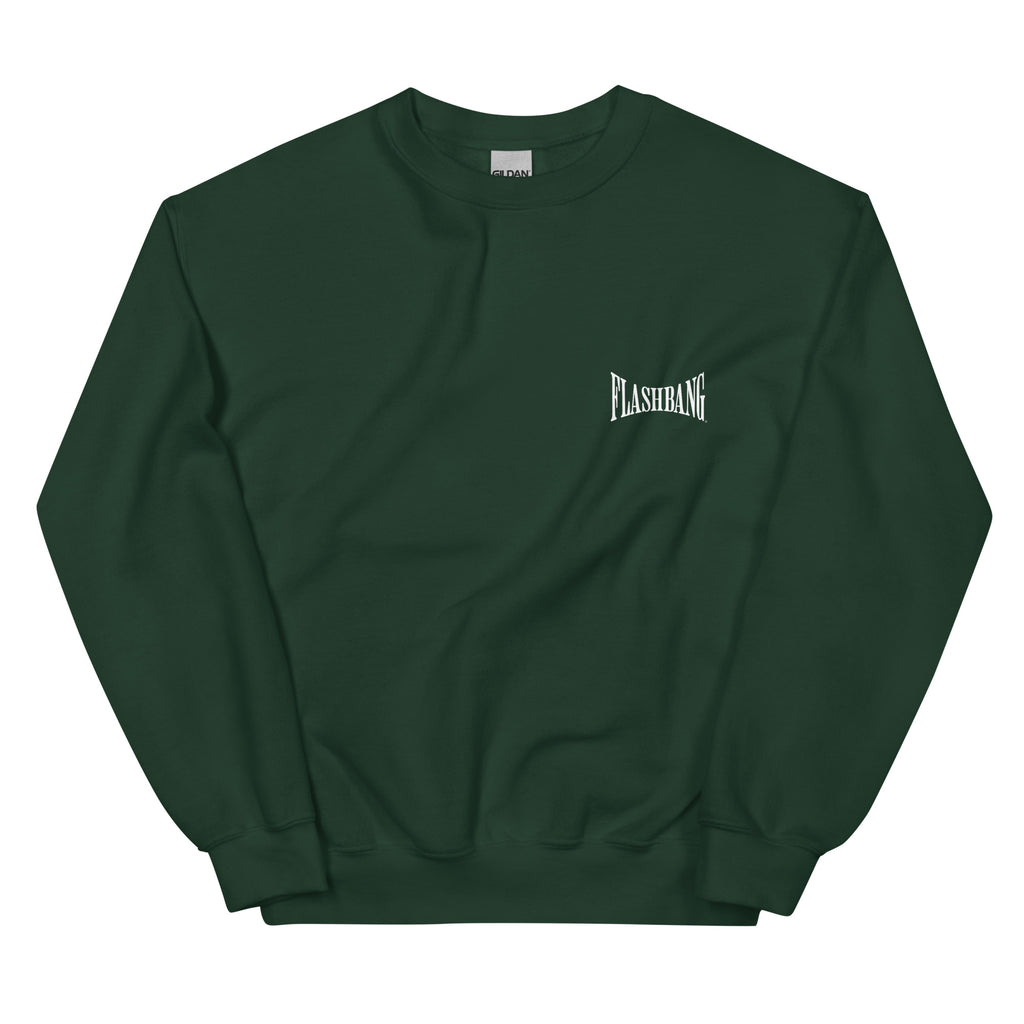 Green sweatshirt with 'FLASHHANG' logo on a white background