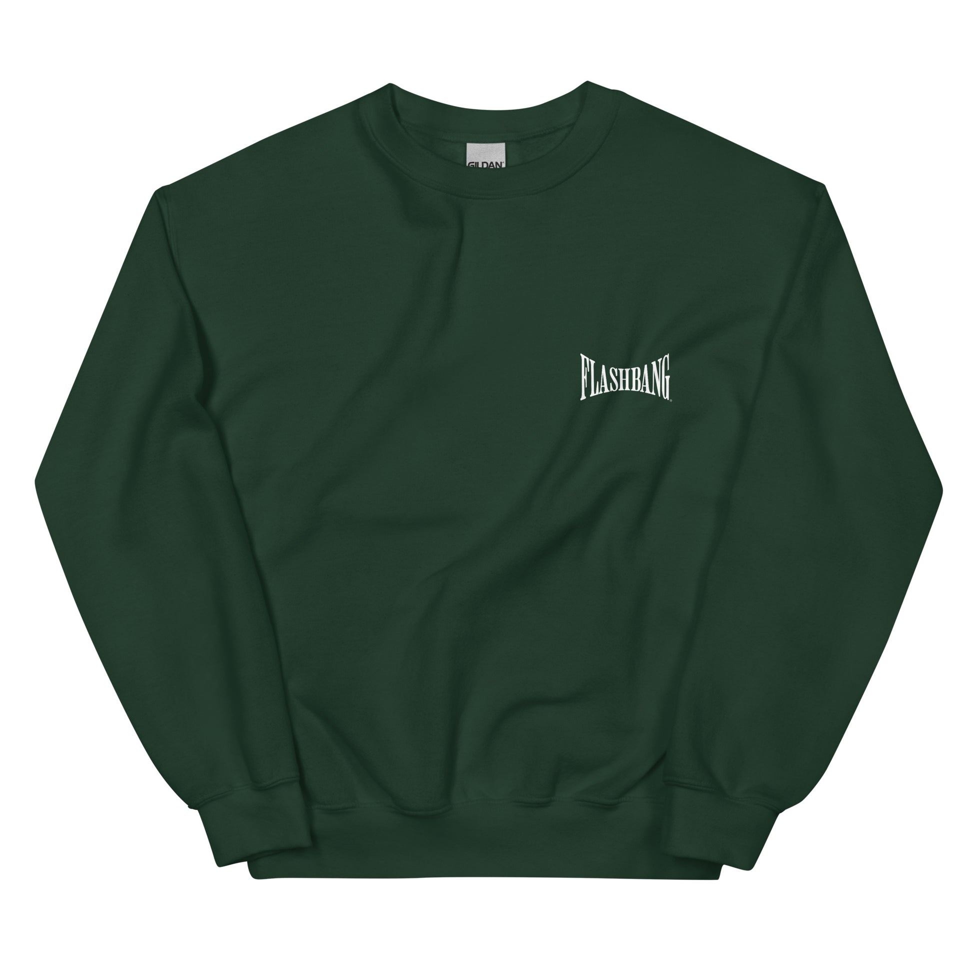 Green sweatshirt with 'FLASHHANG' logo on a white background