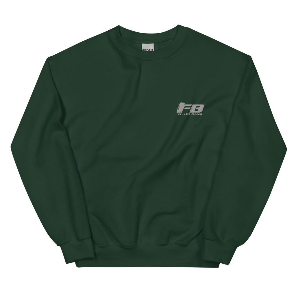 Green sweatshirt with a logo on the chest against a white background