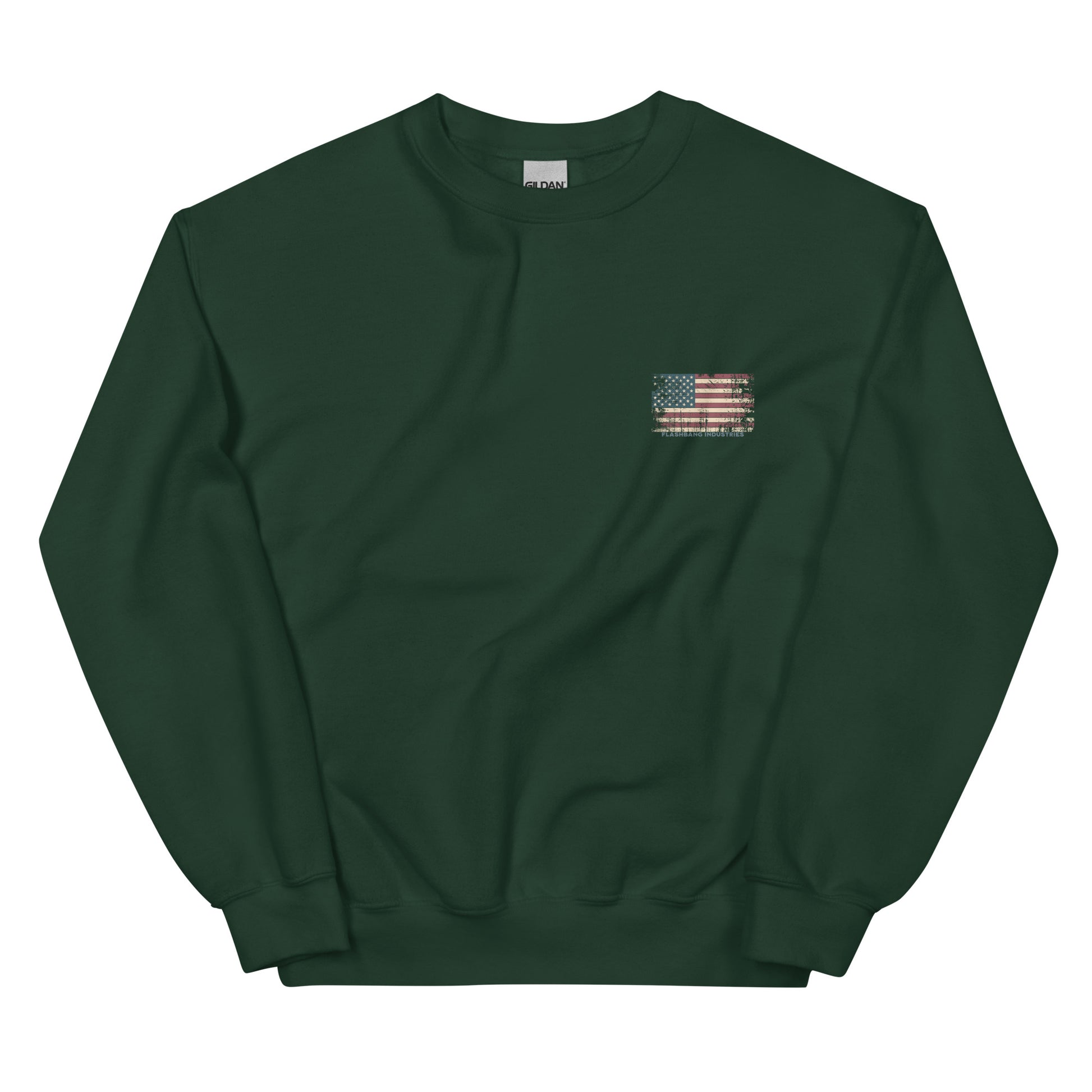 Green sweatshirt with a small American flag patch on a white background