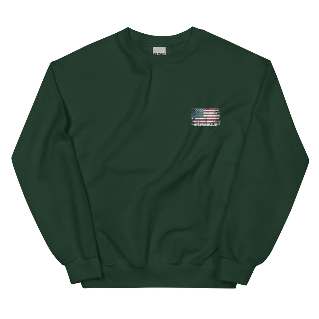 Dark green sweatshirt with a small flag patch on a white background