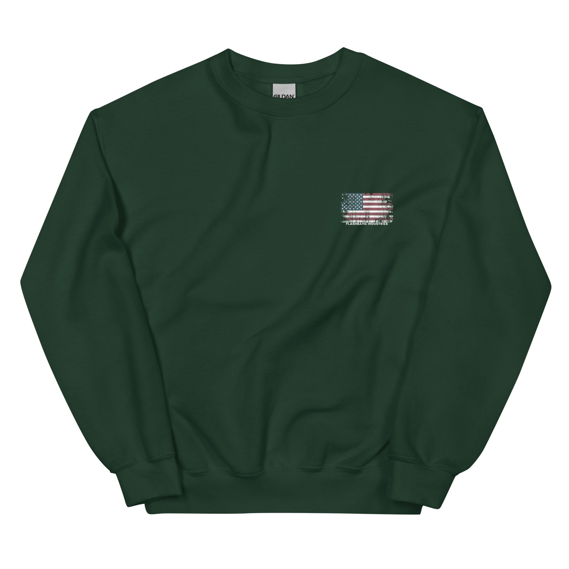 Dark green sweatshirt with a small flag patch on a white background