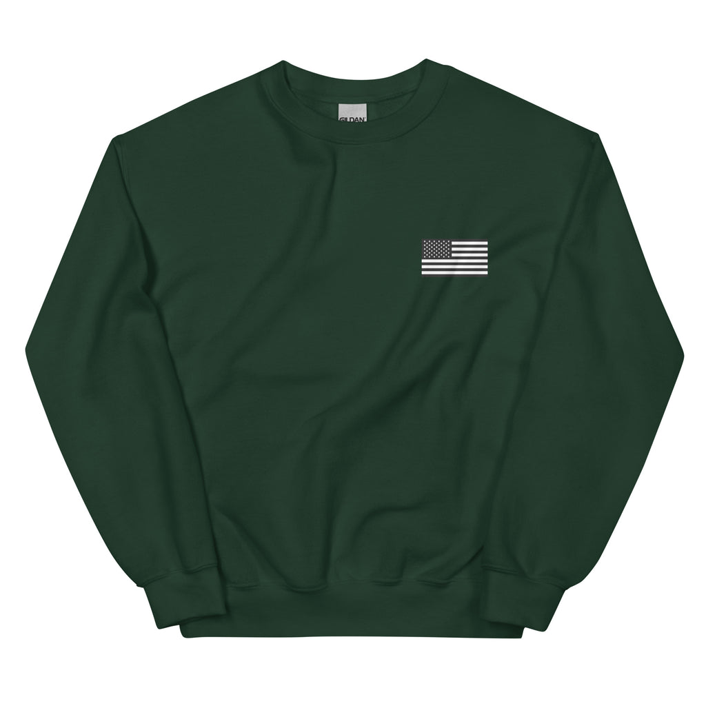 Green sweatshirt with a small flag patch on a white background