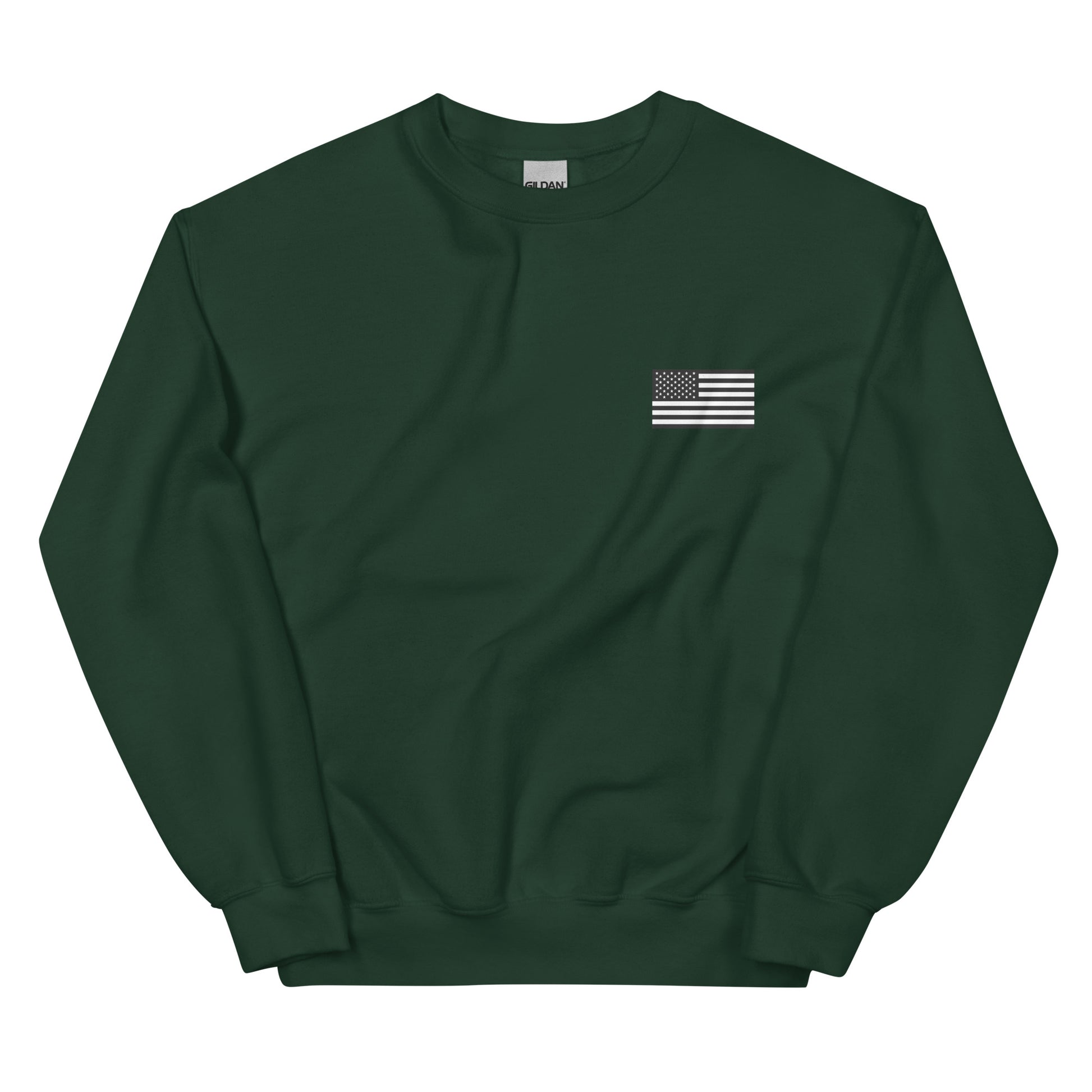 Green sweatshirt with a small flag patch on a white background