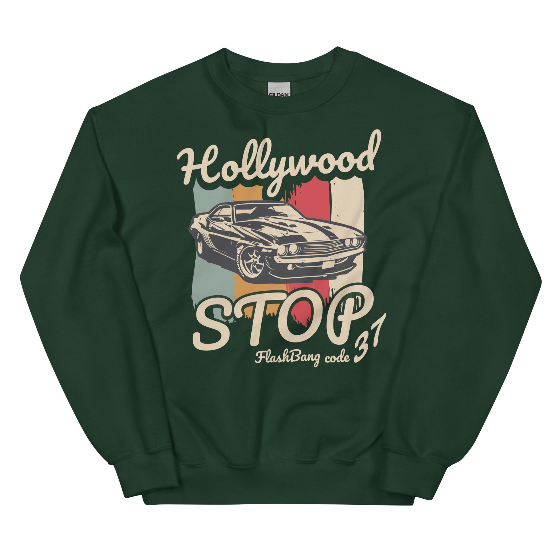 Green sweatshirt with vintage car graphic and text on a white background