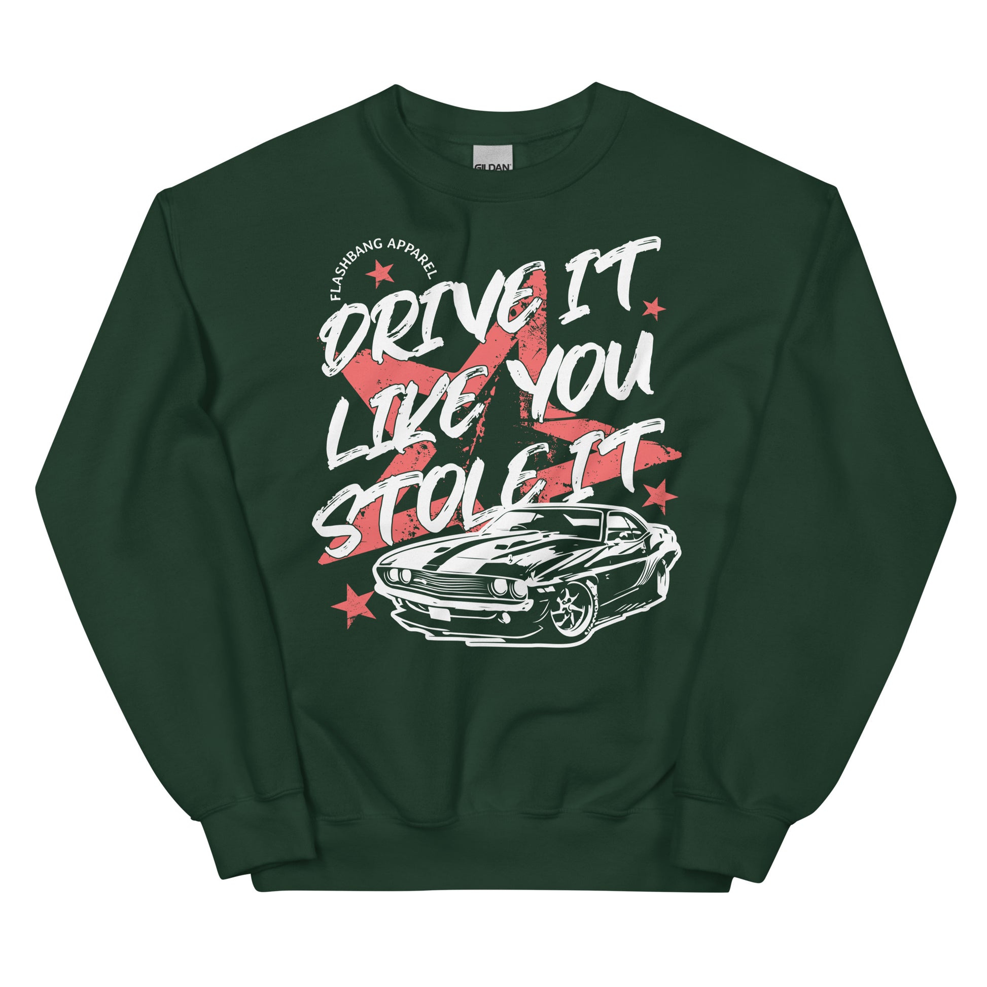 Green sweatshirt with graphic design and text on a white background