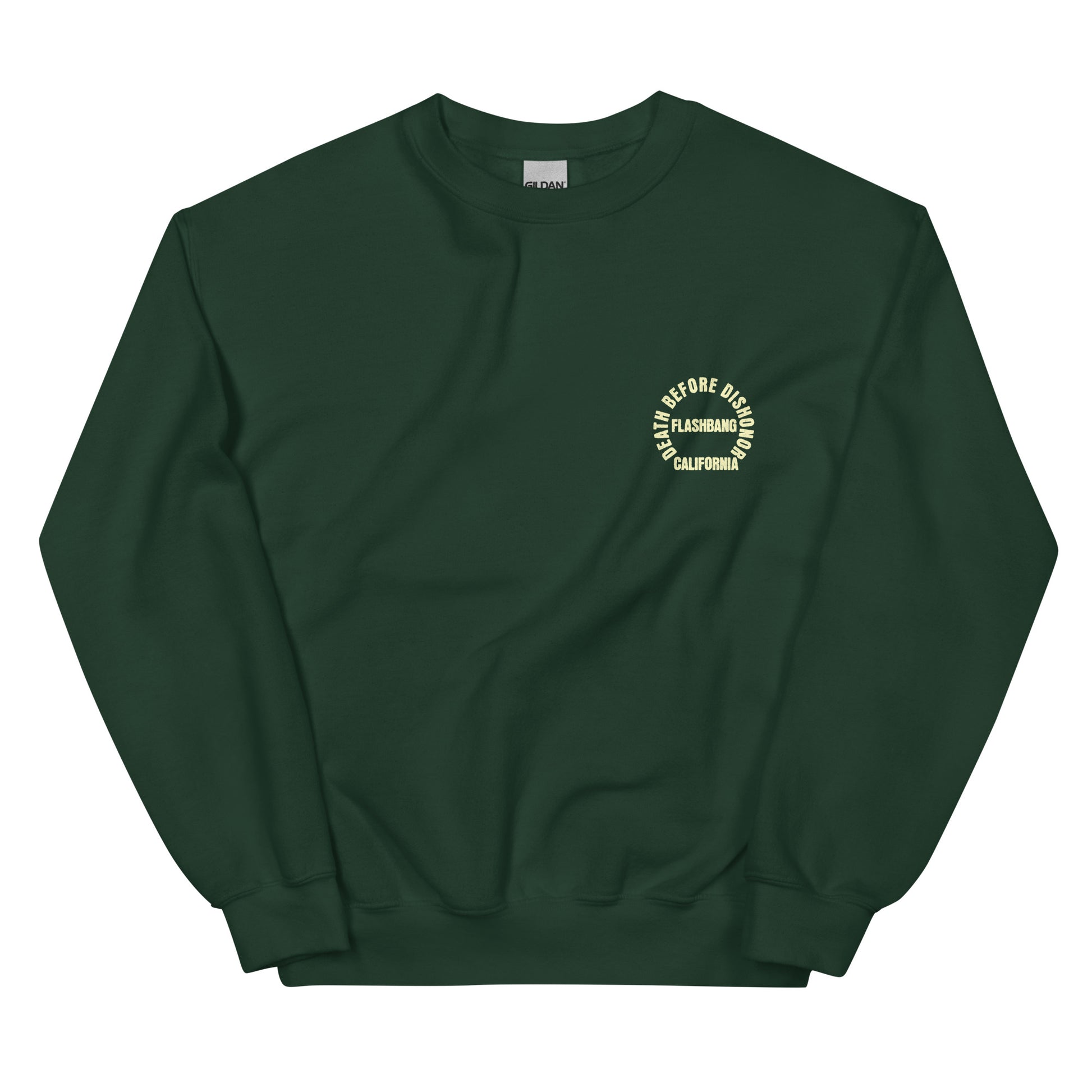 Green sweatshirt with a logo on the chest against a white background