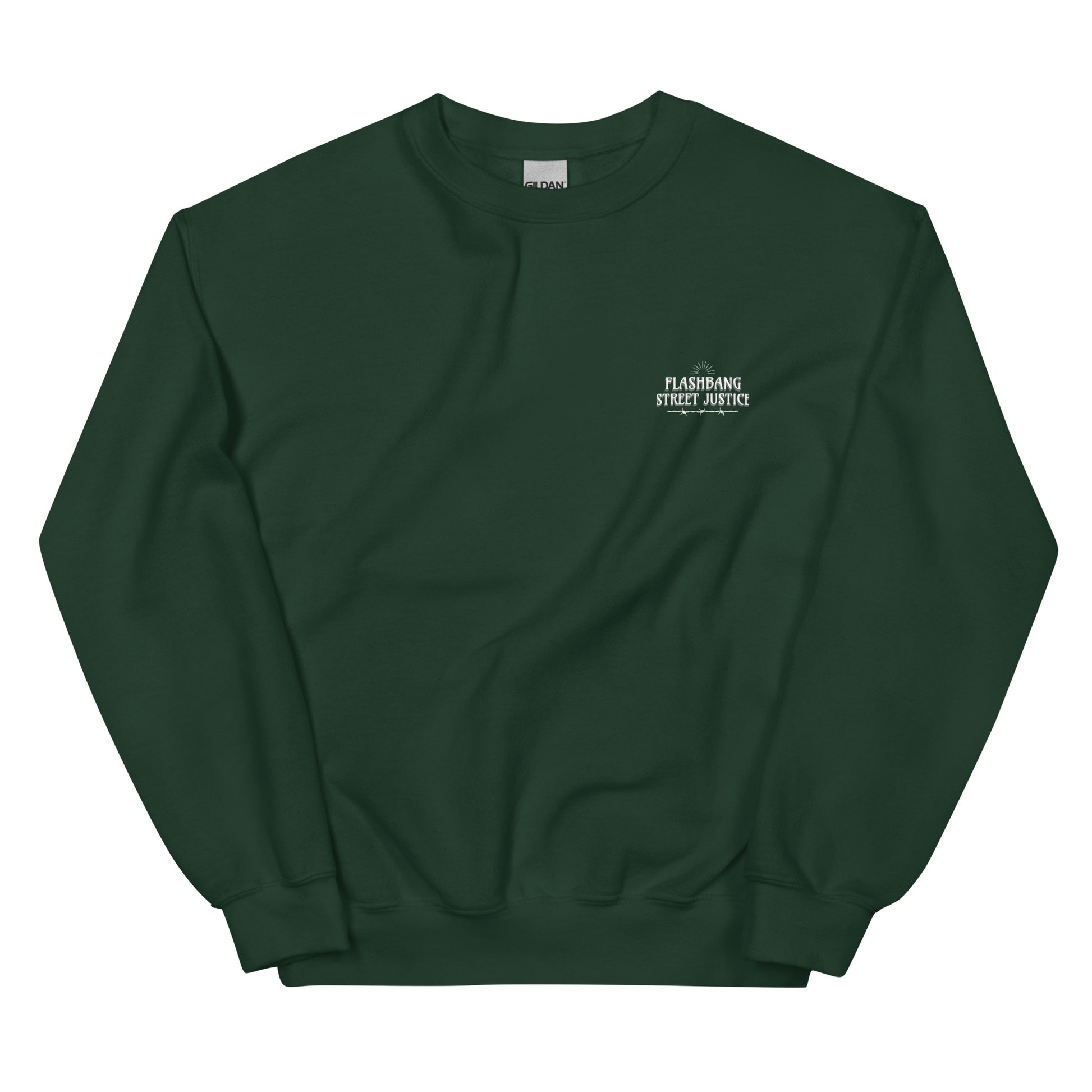 Green sweatshirt with a small white logo on a white background
