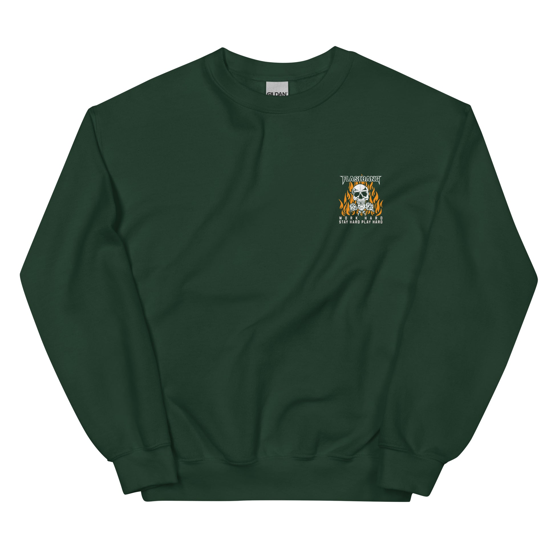 Green sweatshirt with a small logo on the chest against a white background
