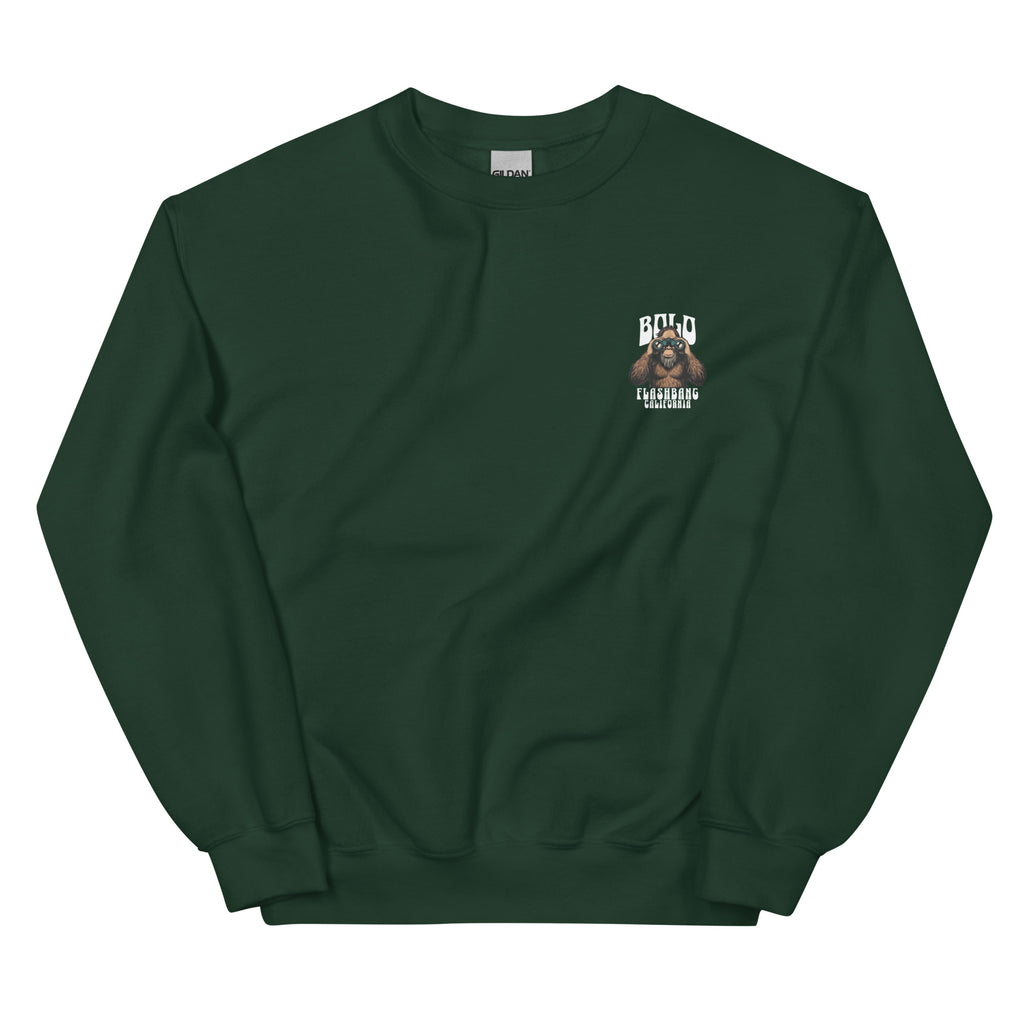 Green sweatshirt with a small logo on the chest against a white background