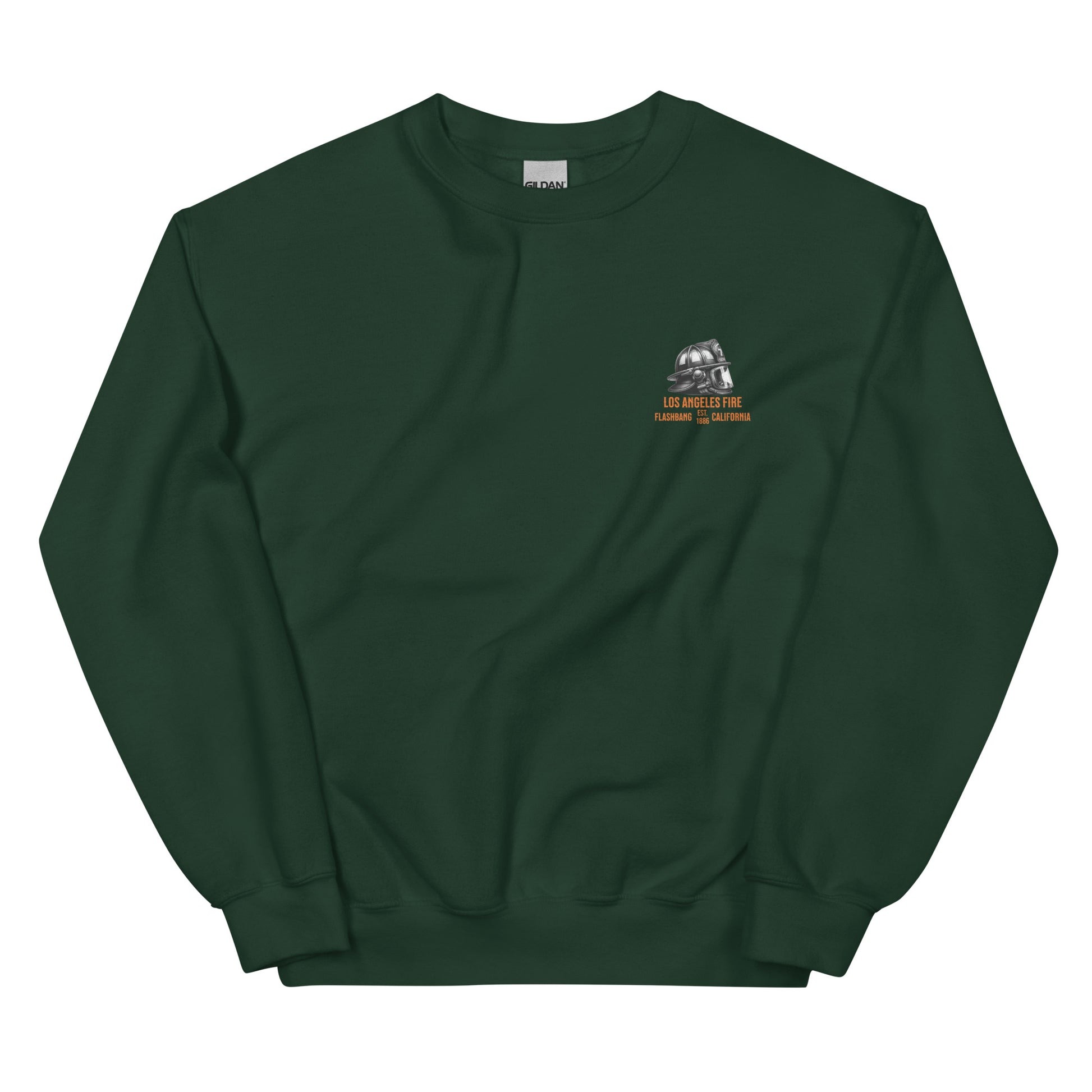Green sweatshirt with a logo on the chest against a white background
